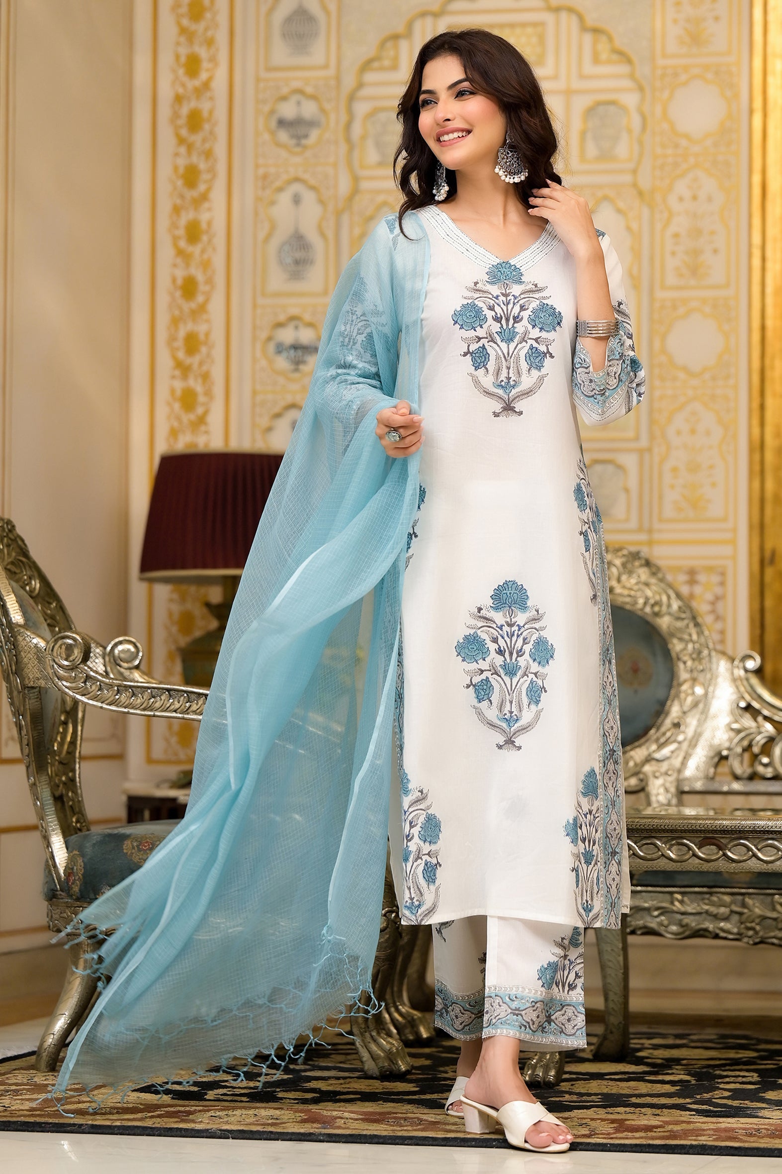 White and Blue Cotton Mughal Floral Block Printed Kurta Pant Set With Dupatta