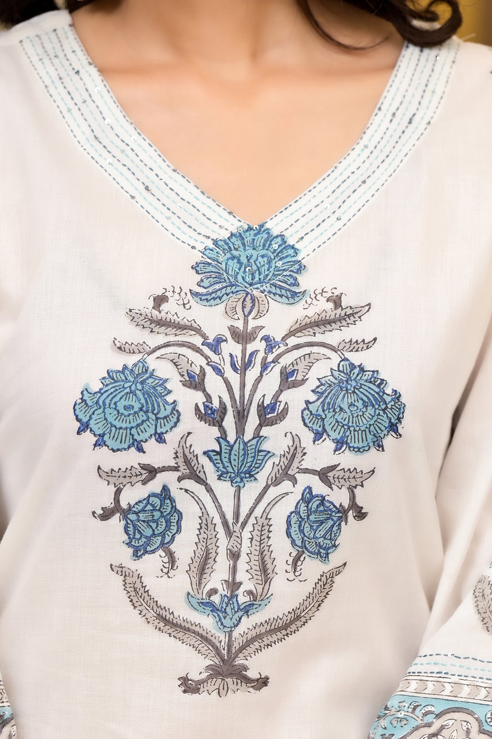 White and Blue Cotton Mughal Floral Block Printed Kurta Pant Set With Dupatta
