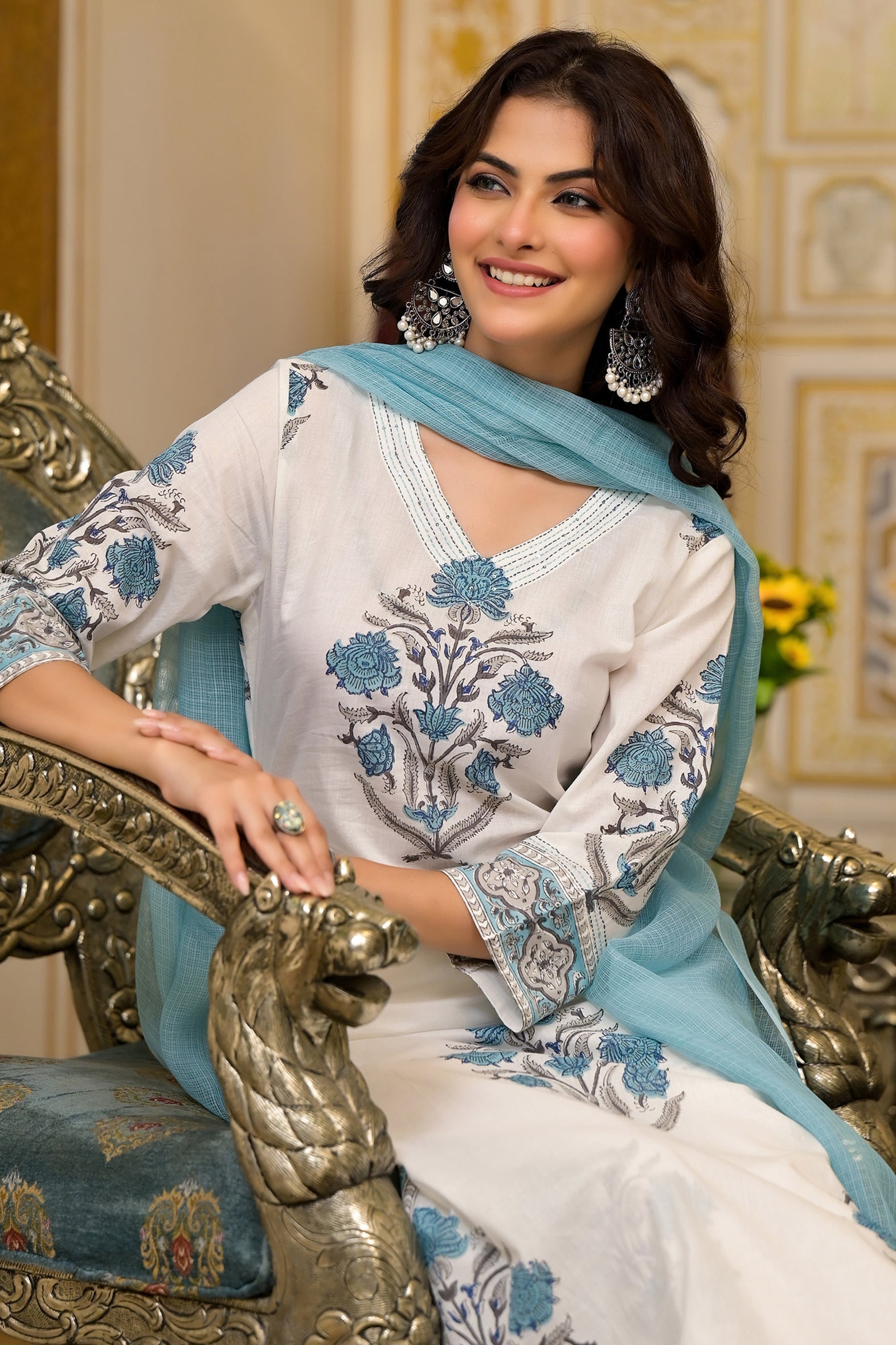 White and Blue Cotton Mughal Floral Block Printed Kurta Pant Set With Dupatta