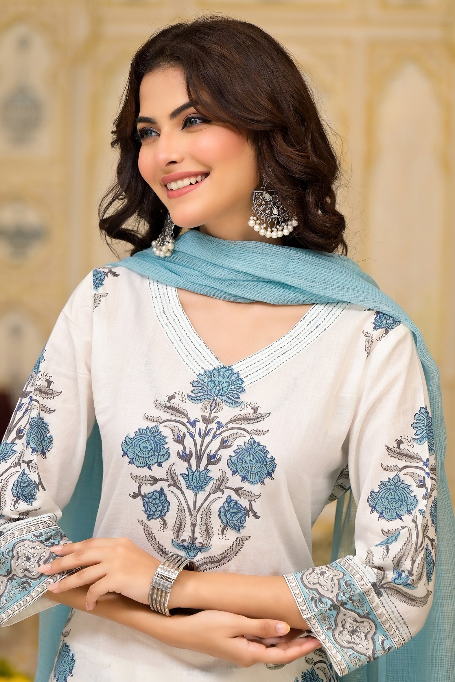 White and Blue Cotton Mughal Floral Block Printed Kurta Pant Set With Dupatta