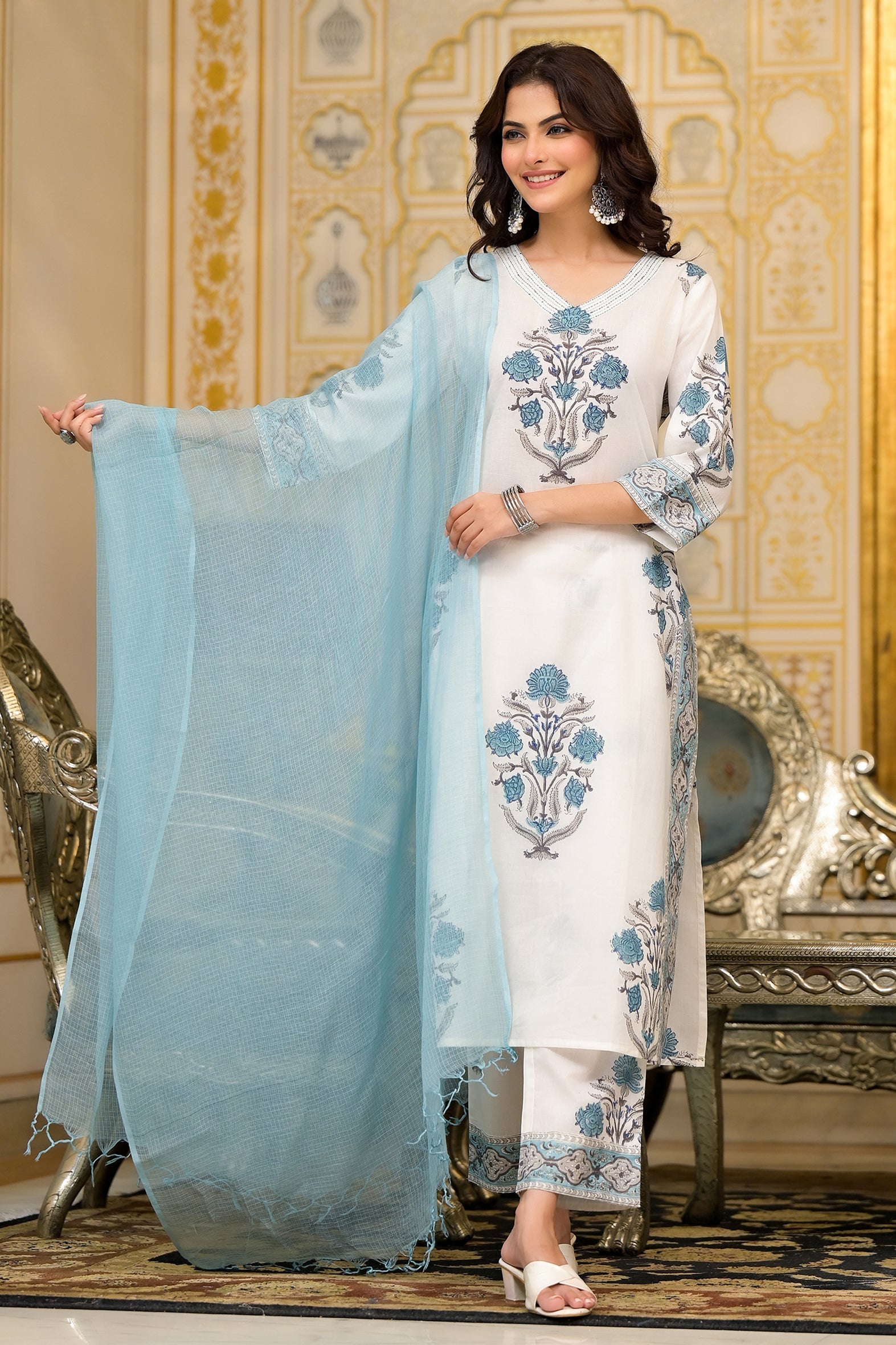 White and Blue Cotton Mughal Floral Block Printed Kurta Pant Set With Dupatta