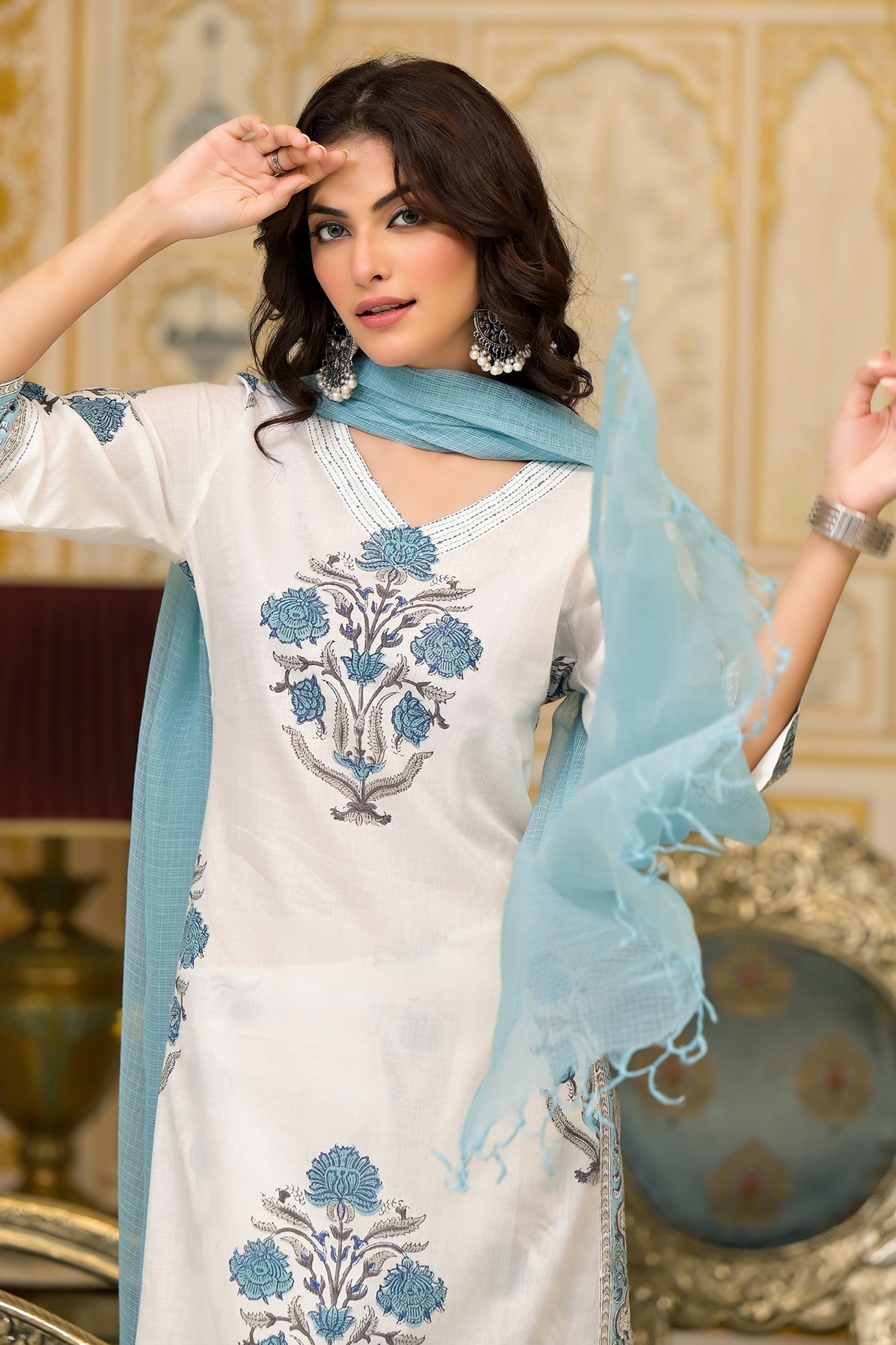 White and Blue Cotton Mughal Floral Block Printed Kurta Pant Set With Dupatta
