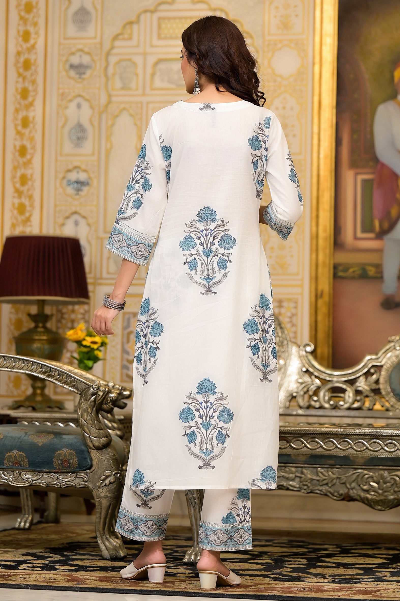 White and Blue Cotton Mughal Floral Block Printed Kurta Pant Set With Dupatta