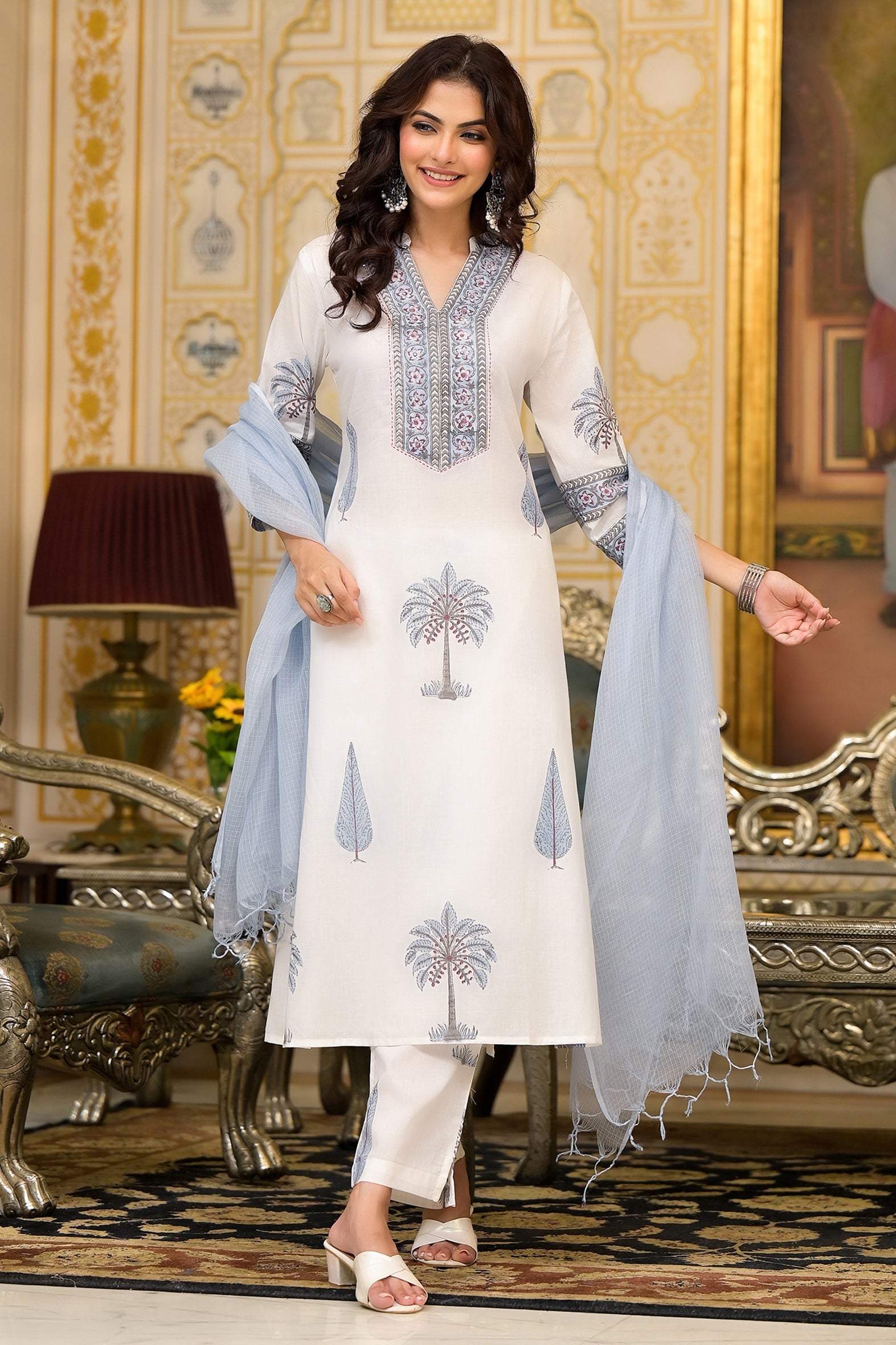 White Blue Mughal Block Print Cotton Kurta Pant Set