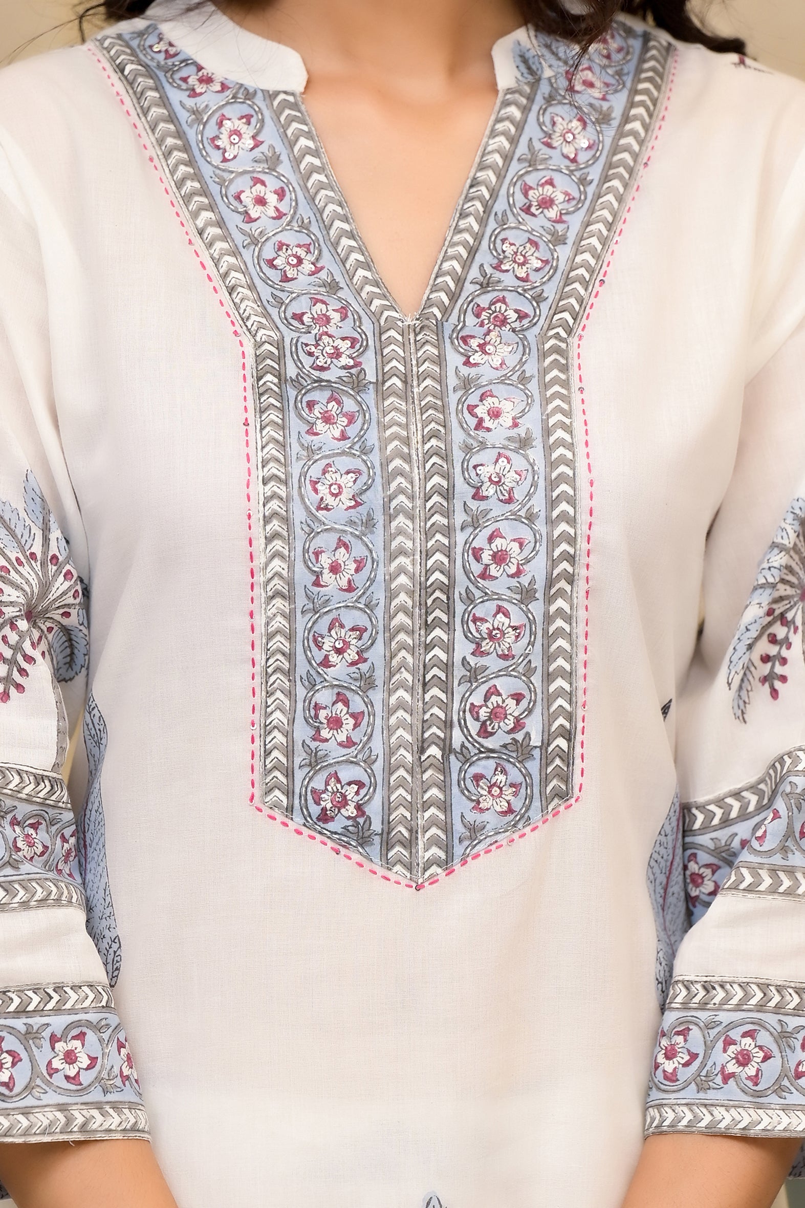 White Blue Mughal Block Print Cotton Kurta Pant Set