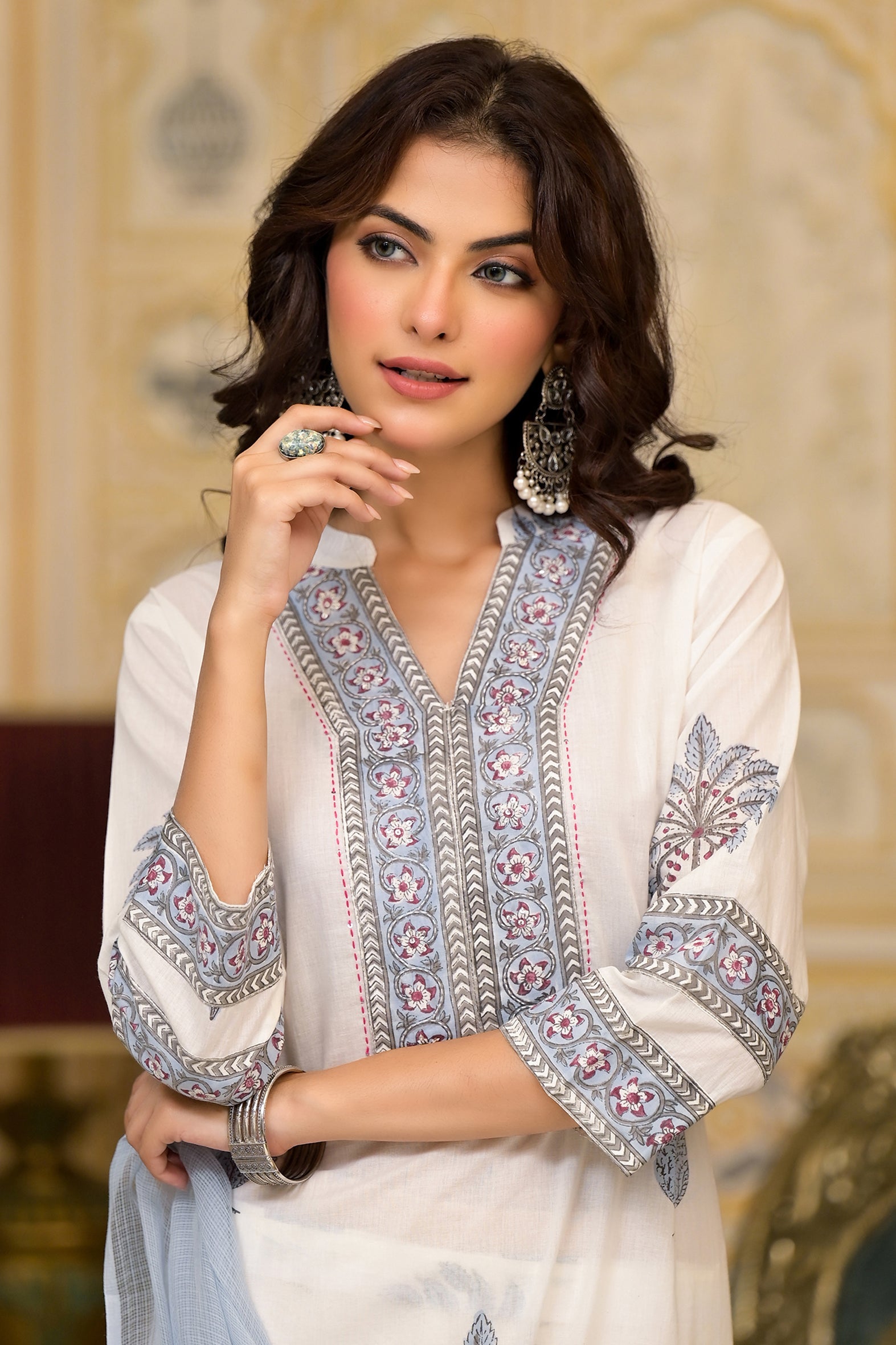 White Blue Mughal Block Print Cotton Kurta Pant Set