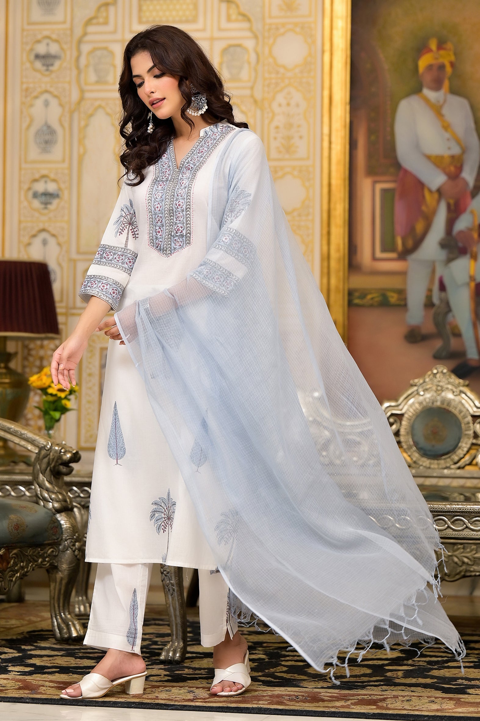 White Blue Mughal Block Print Cotton Kurta Pant Set