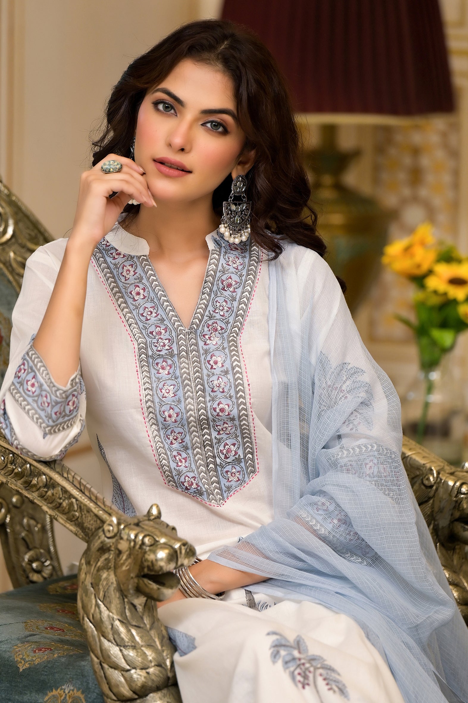 White Blue Mughal Block Print Cotton Kurta Pant Set