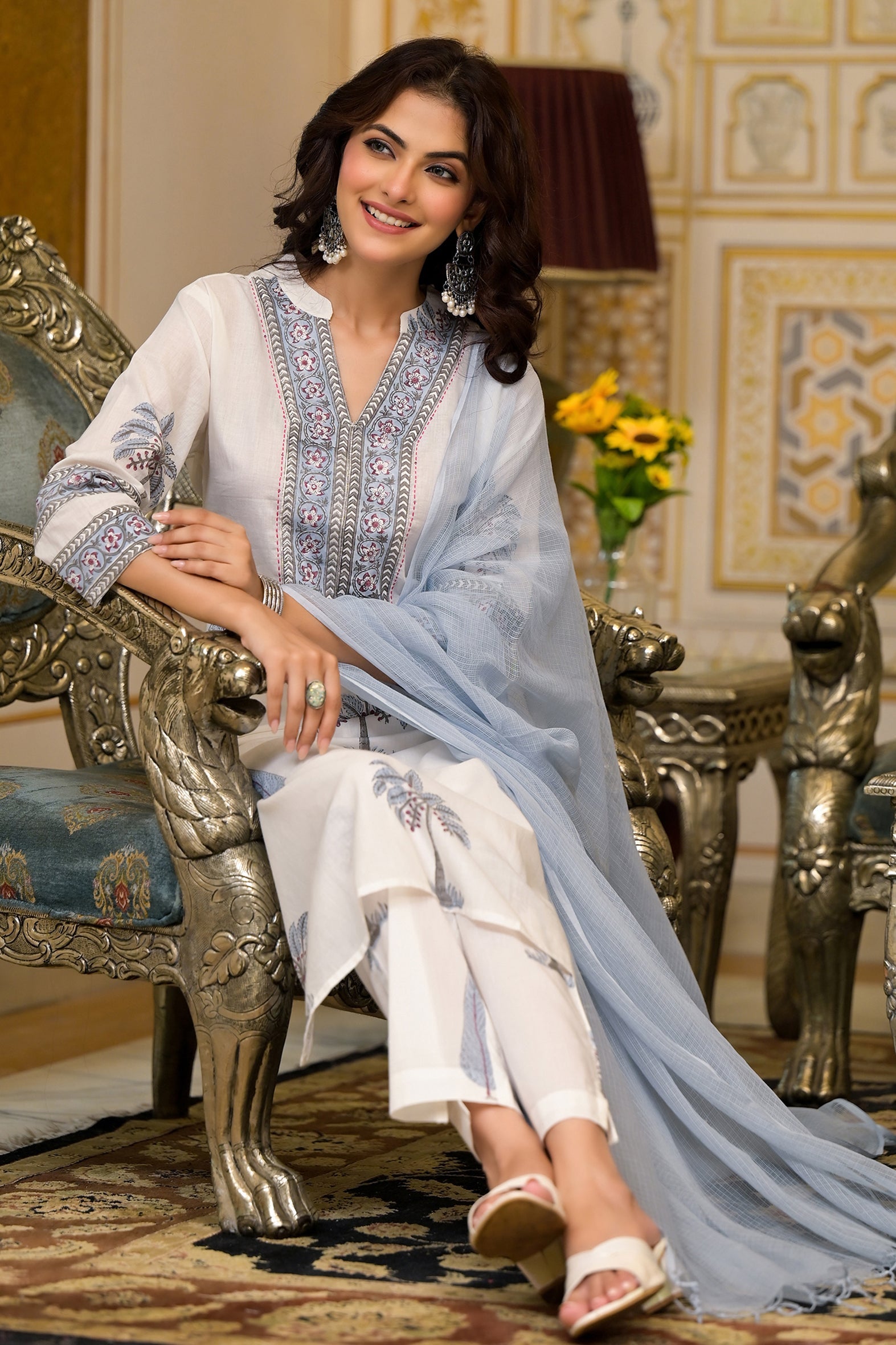 White Blue Mughal Block Print Cotton Kurta Pant Set