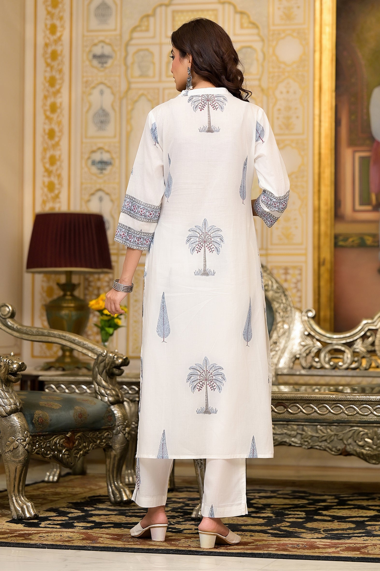 White Blue Mughal Block Print Cotton Kurta Pant Set