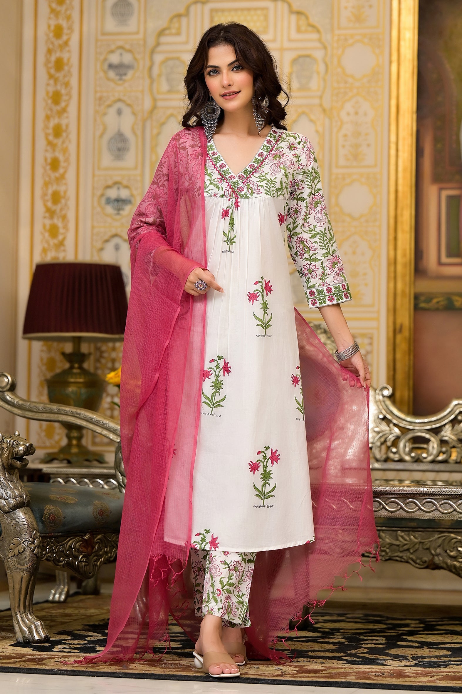 White Cotton Mughal Pink Floral Block Printed Kurta Pant Set With Dupatta