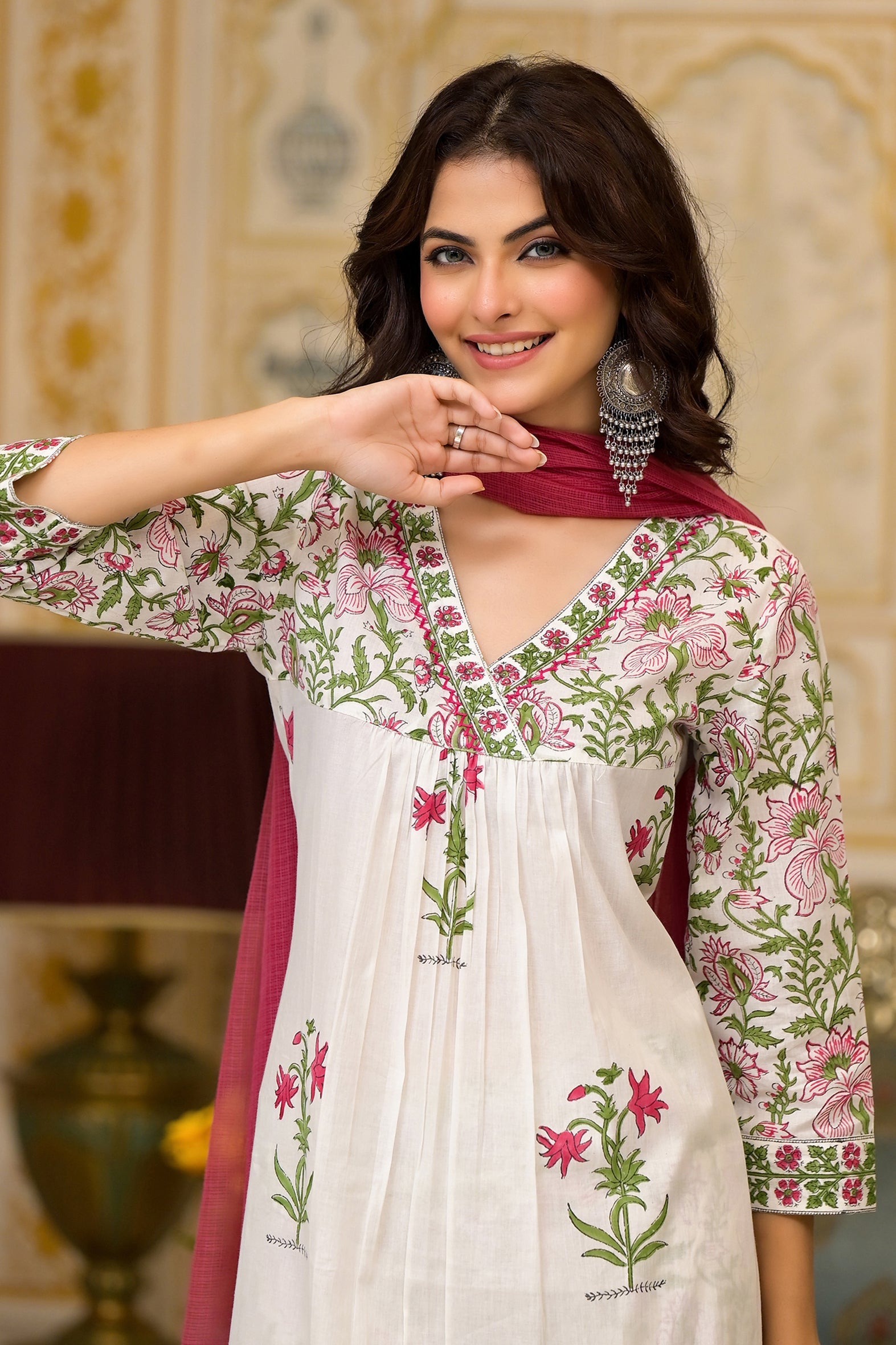 White Cotton Mughal Pink Floral Block Printed Kurta Pant Set With Dupatta
