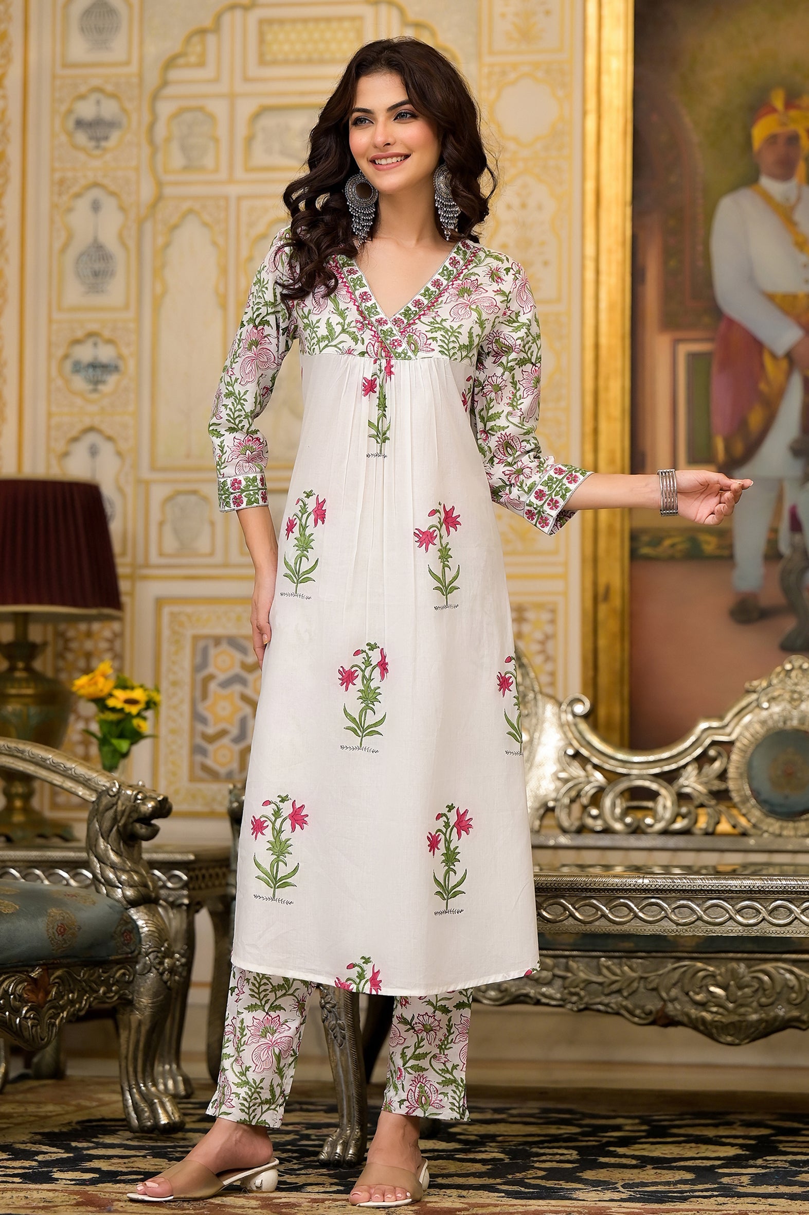 White Cotton Mughal Pink Floral Block Printed Kurta Pant Set With Dupatta