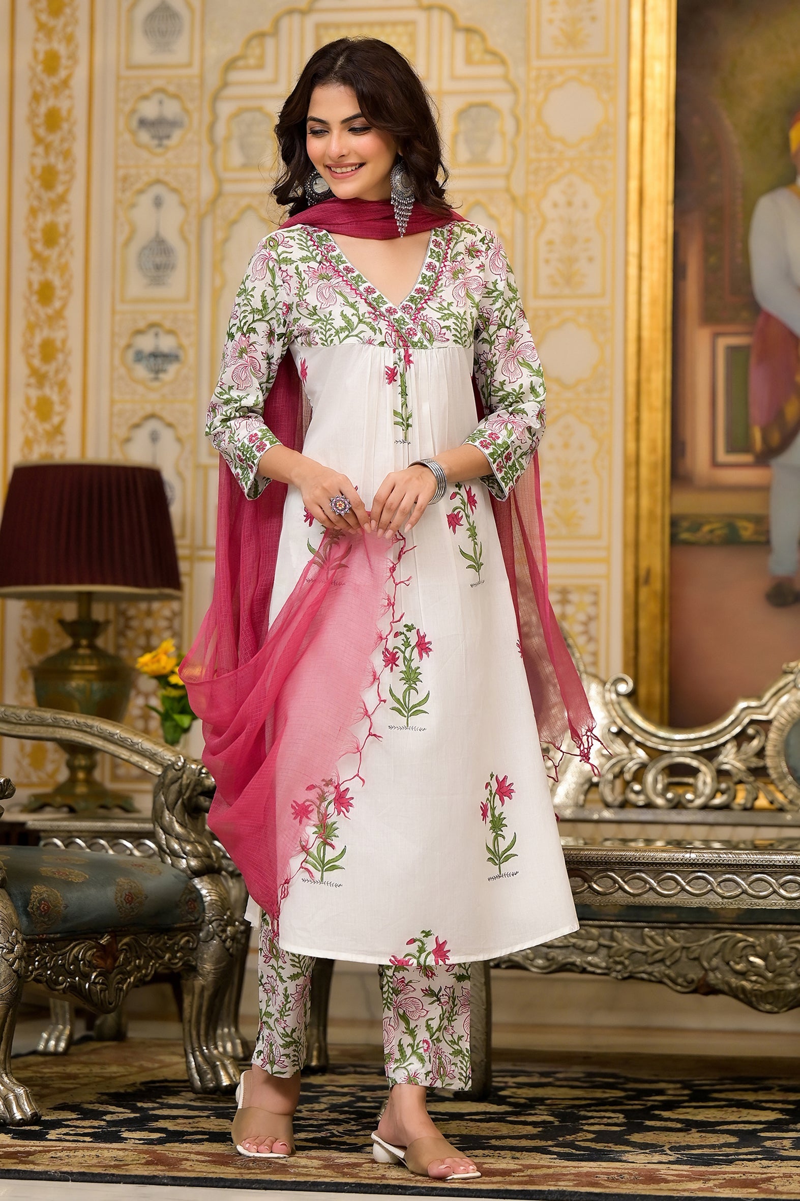 White Cotton Mughal Pink Floral Block Printed Kurta Pant Set With Dupatta