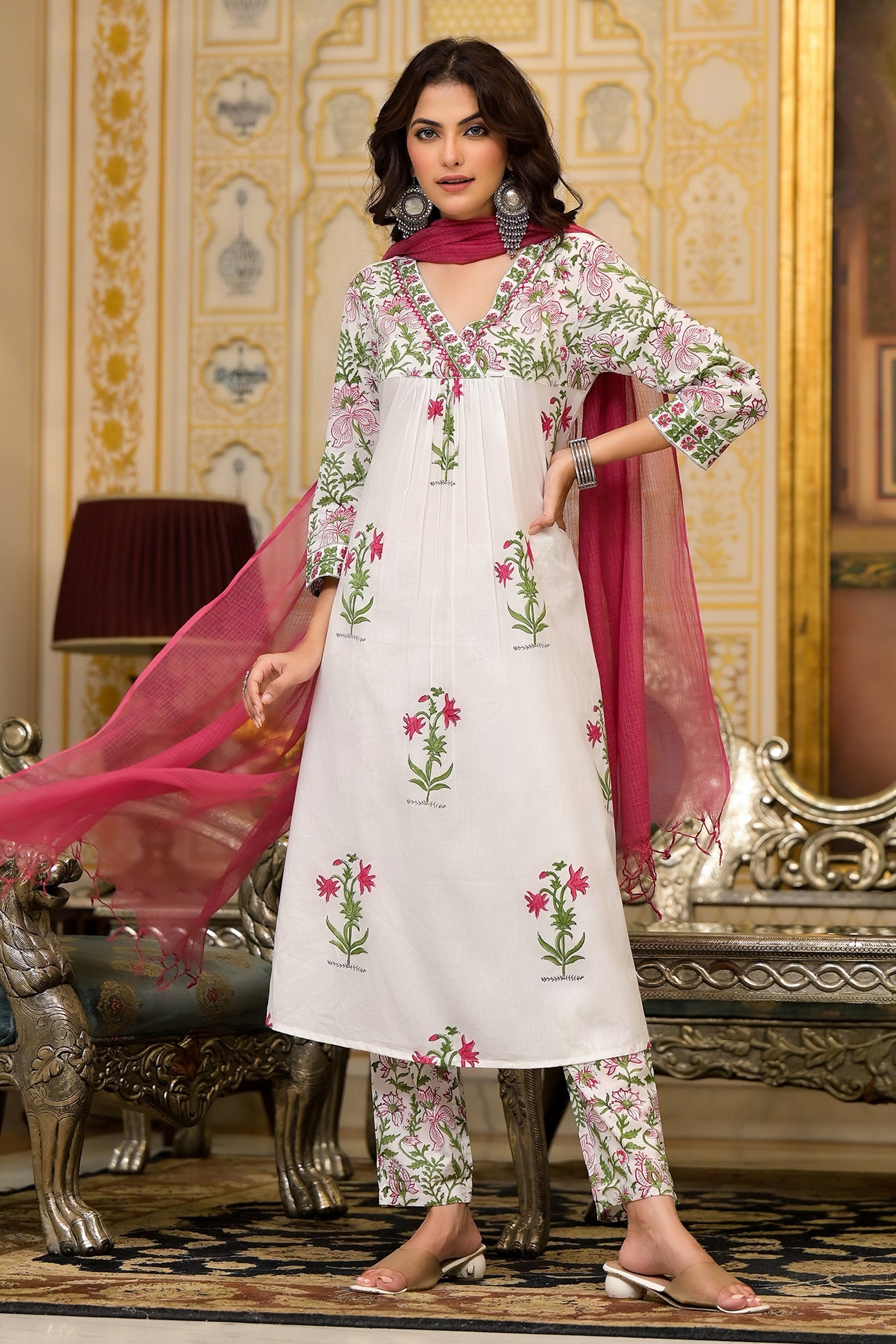 White Cotton Mughal Pink Floral Block Printed Kurta Pant Set With Dupatta