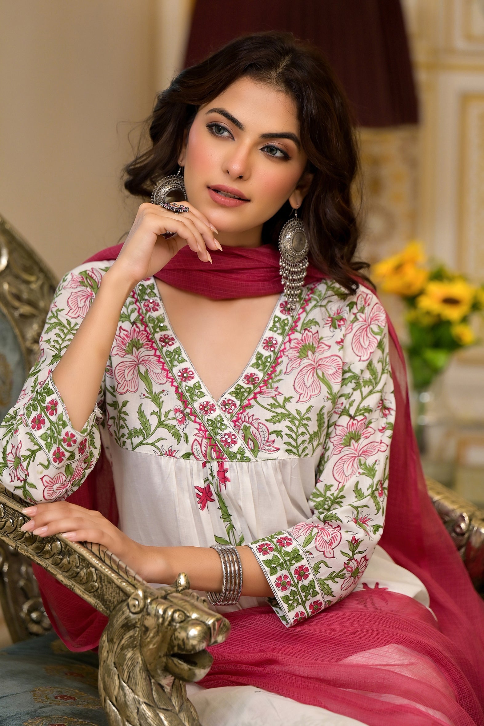 White Cotton Mughal Pink Floral Block Printed Kurta Pant Set With Dupatta