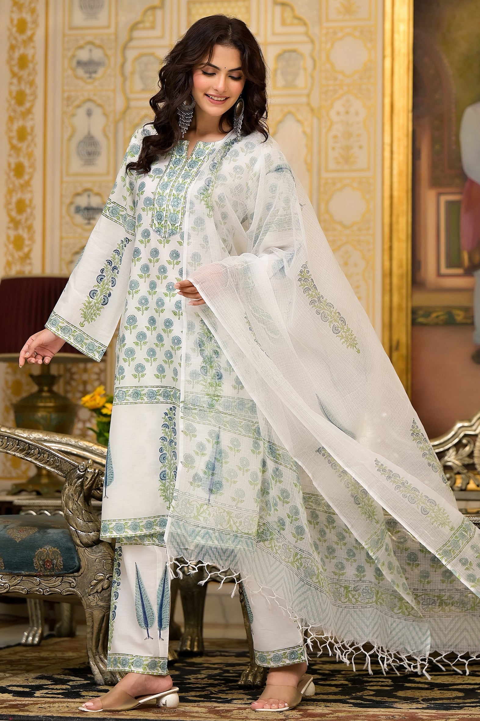 White Cotton Mughal Blue Floral Block Printed Kurta Pant Set With Dupatta