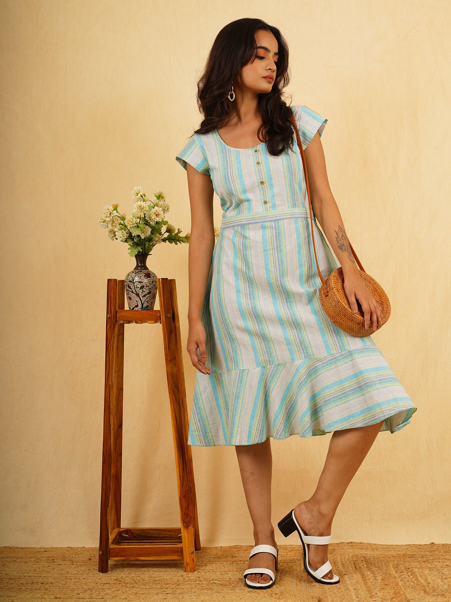 Classic Blue Green Grey Linen Striped Short Dress - Sky Fairy