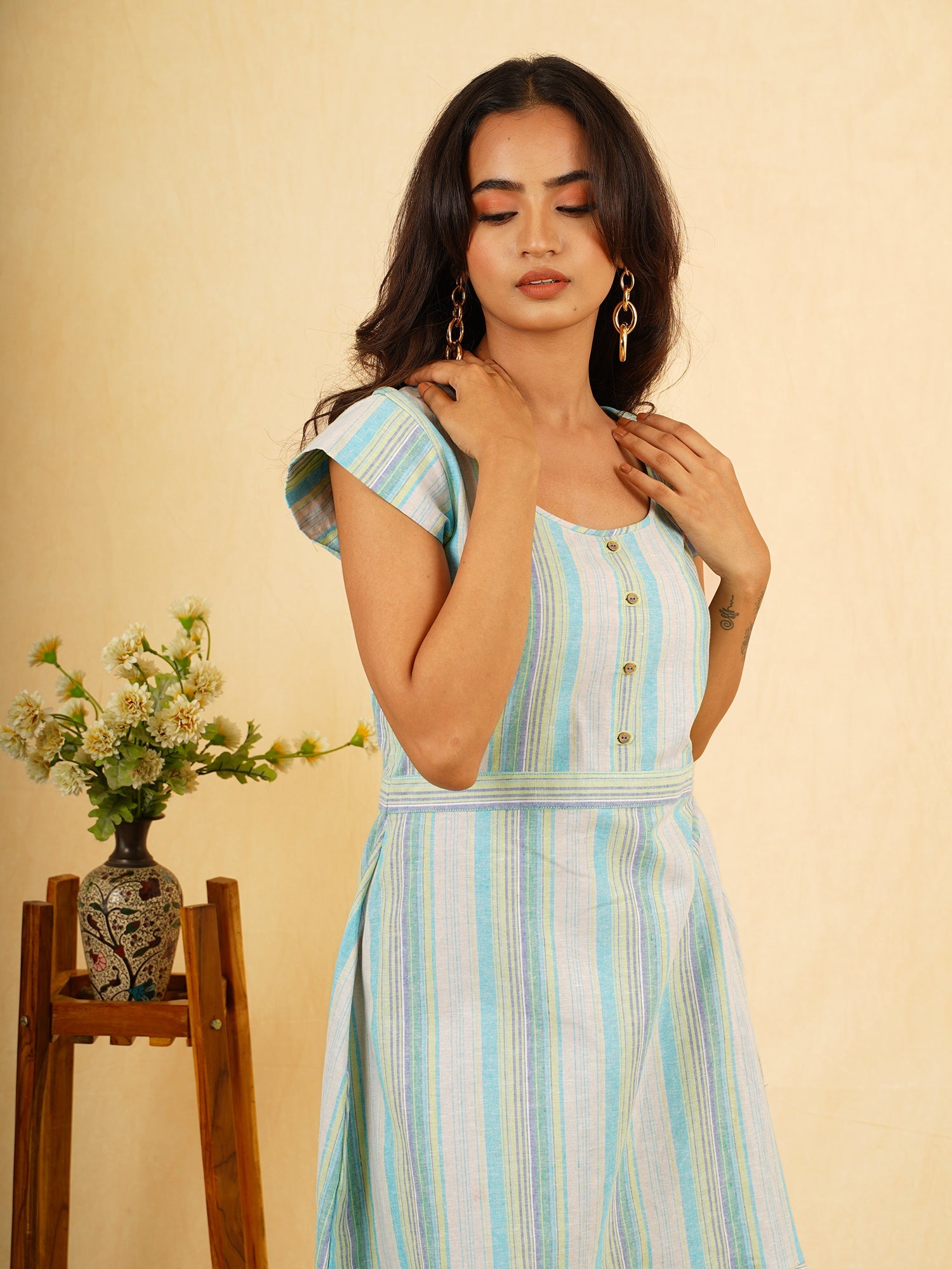 Classic Blue Green Grey Linen Striped Short Dress - Sky Fairy