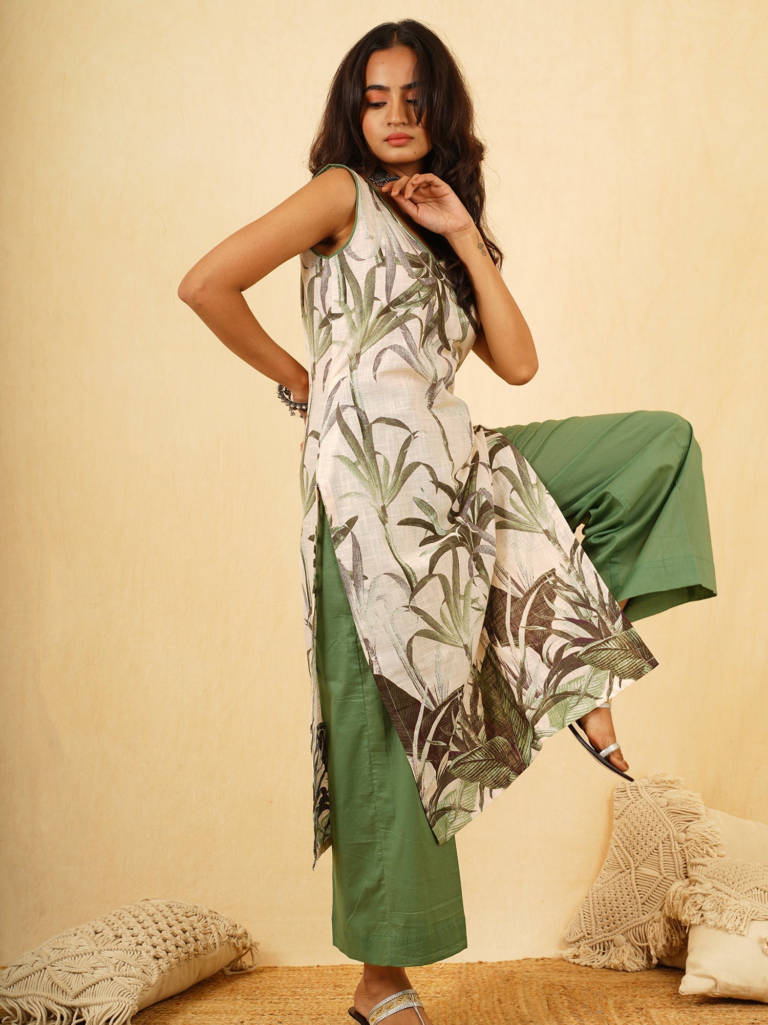 Bold Multicolor Floral Cotton Kurta Green Pant Set - Sacred Grove