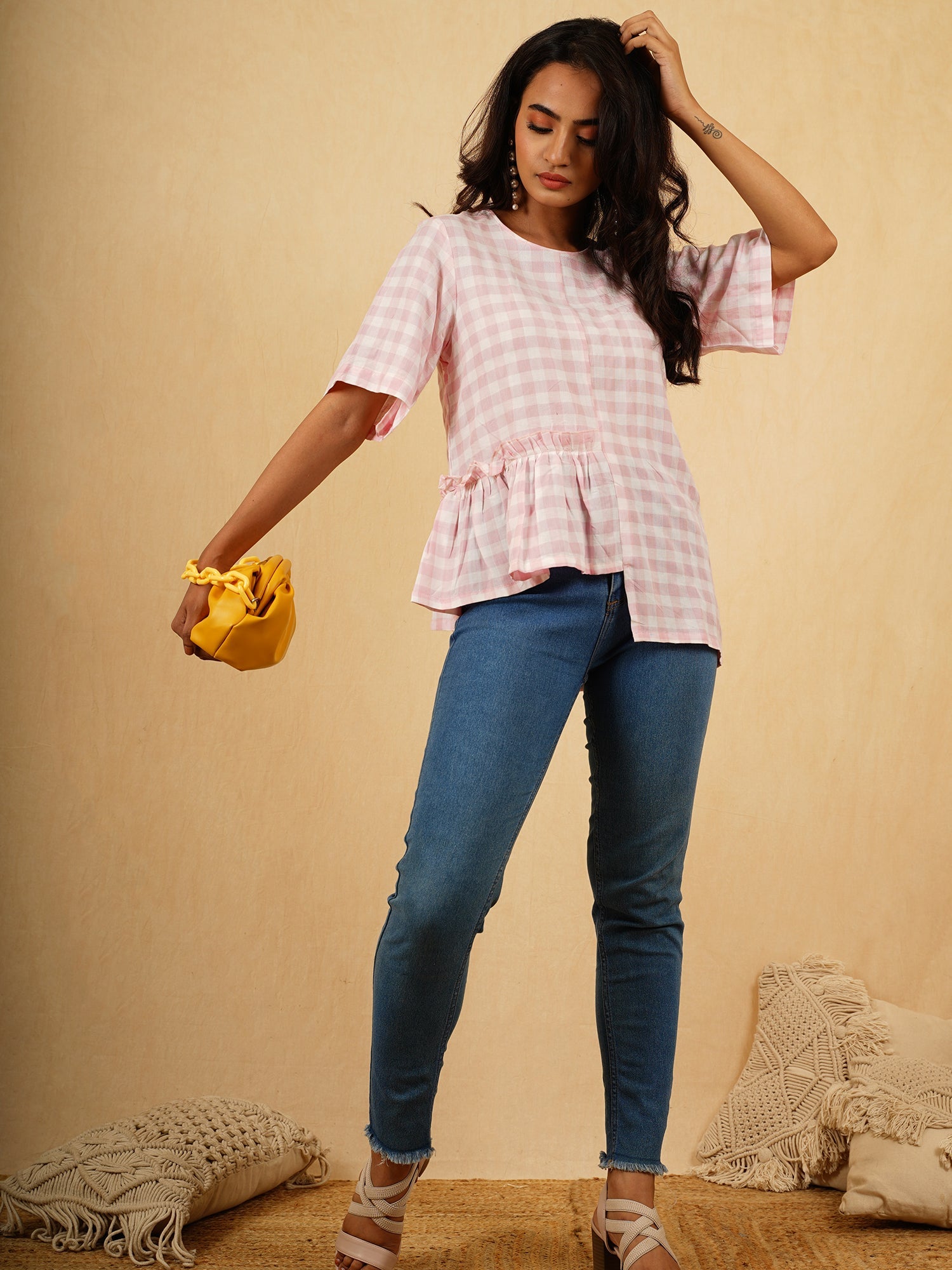 Elegant Pink White Cotton Checked Asymmetrical Top - Eve