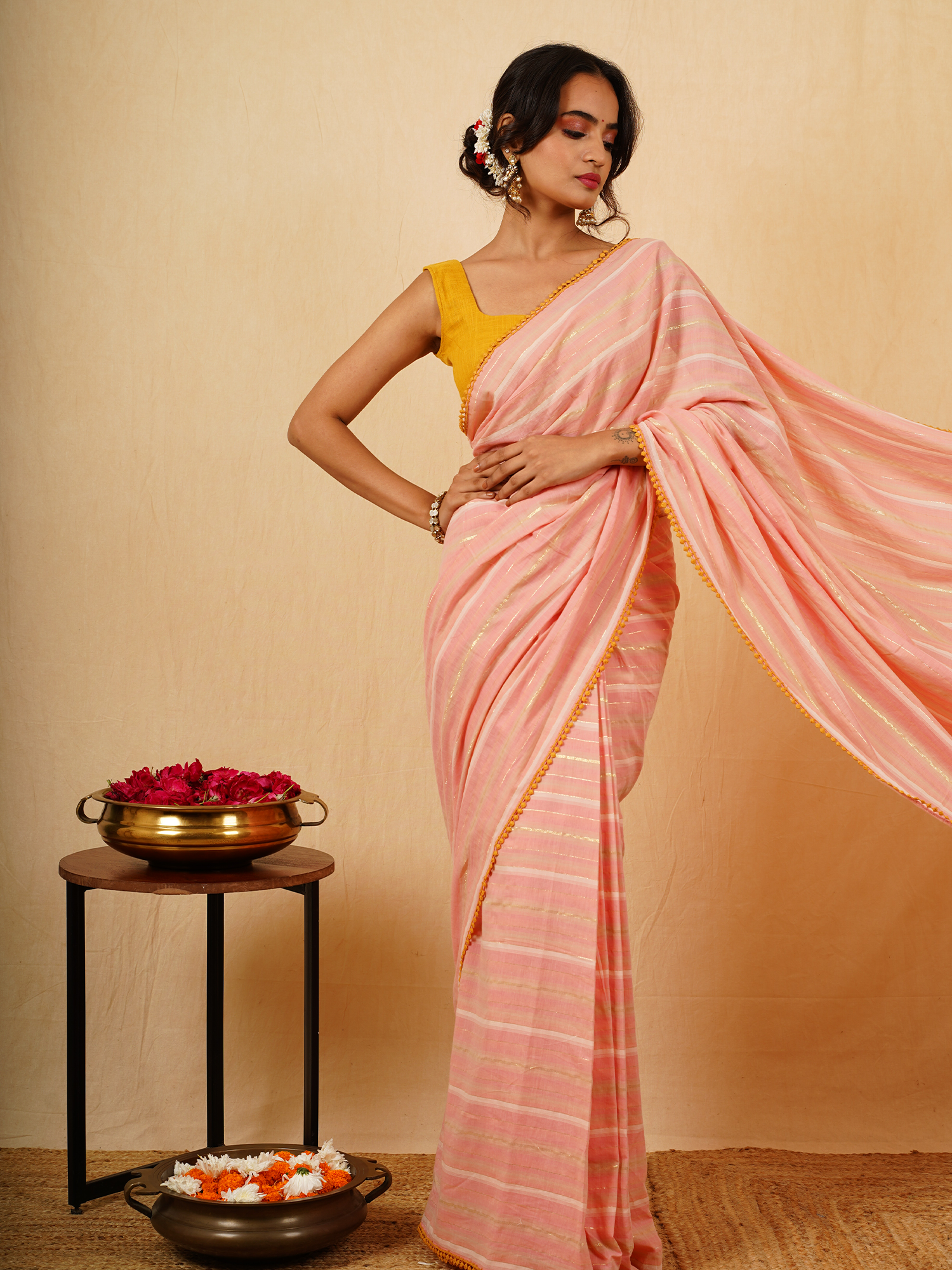 Beautiful Peach Cotton Striped Saree Mustard Linen Mirror Work Blouse