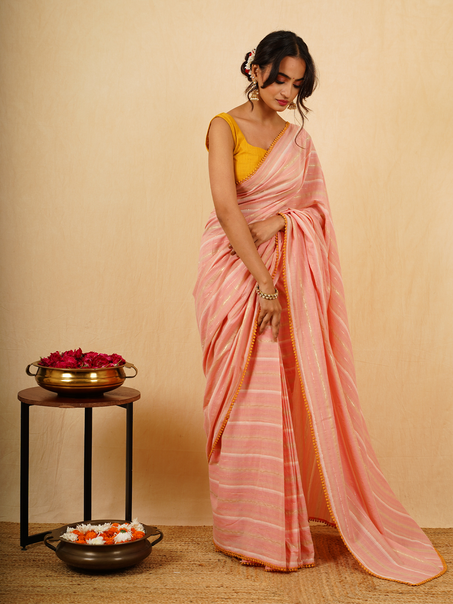 Beautiful Peach Cotton Striped Saree Mustard Linen Mirror Work Blouse