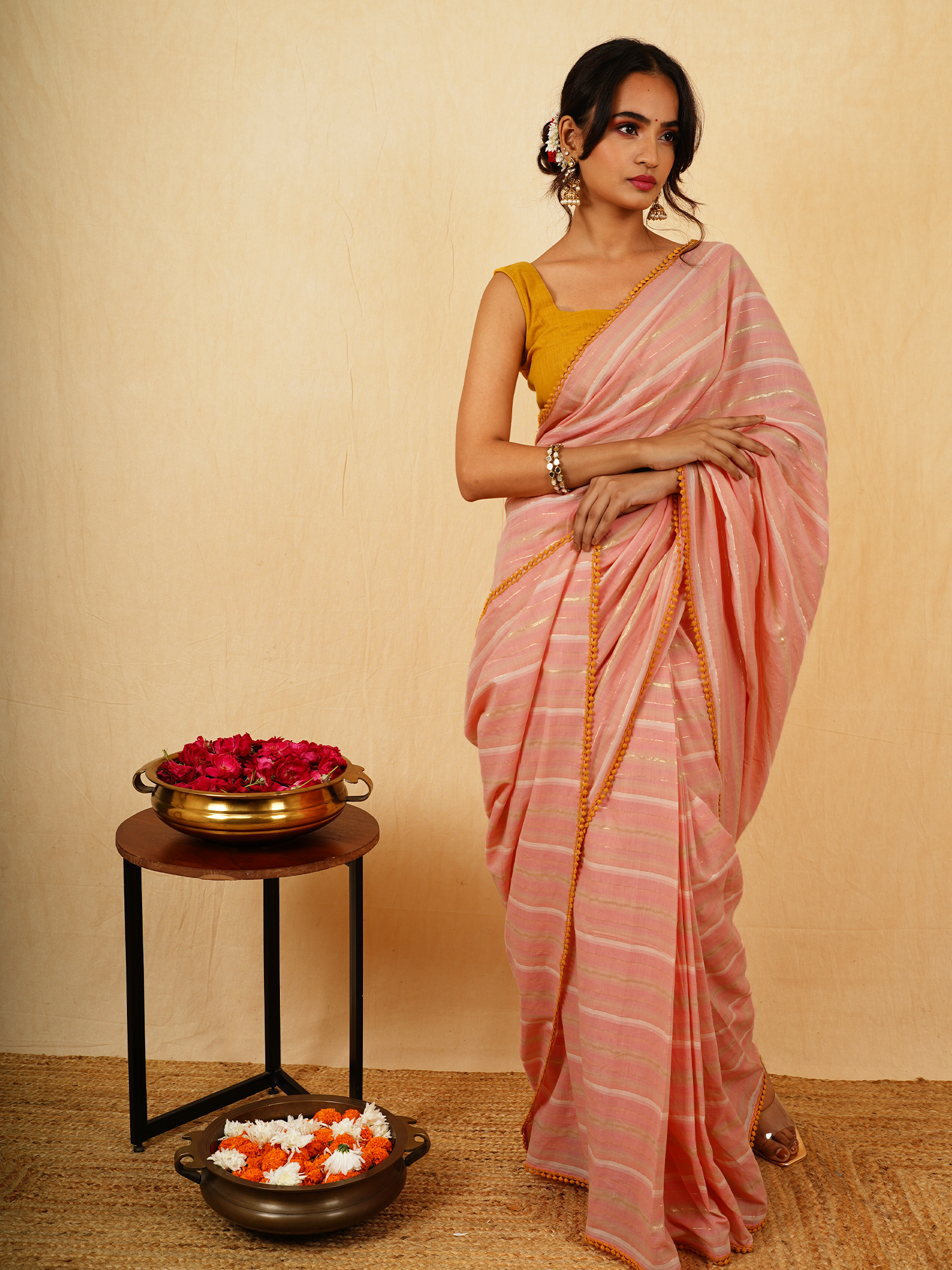 Beautiful Peach Cotton Striped Saree Mustard Linen Mirror Work Blouse