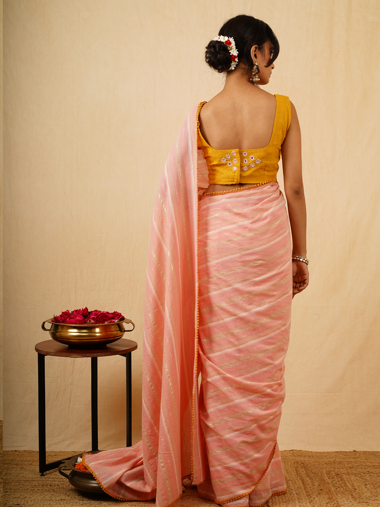 Beautiful Peach Cotton Striped Saree Mustard Linen Mirror Work Blouse