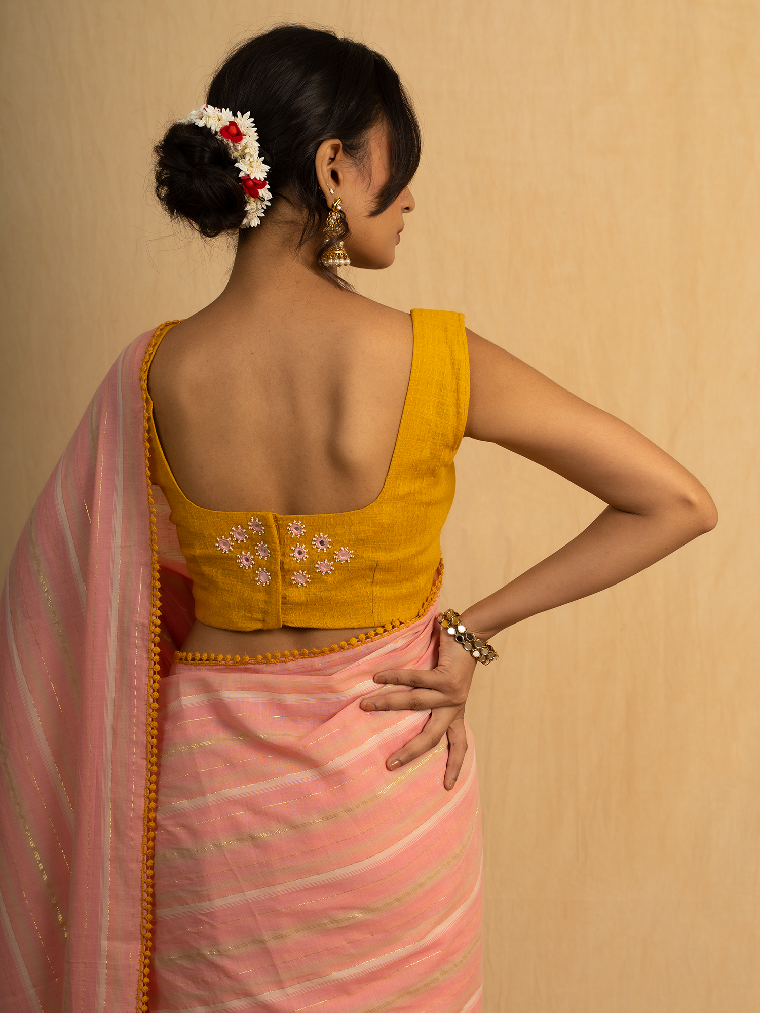 Beautiful Peach Cotton Striped Saree Mustard Linen Mirror Work Blouse