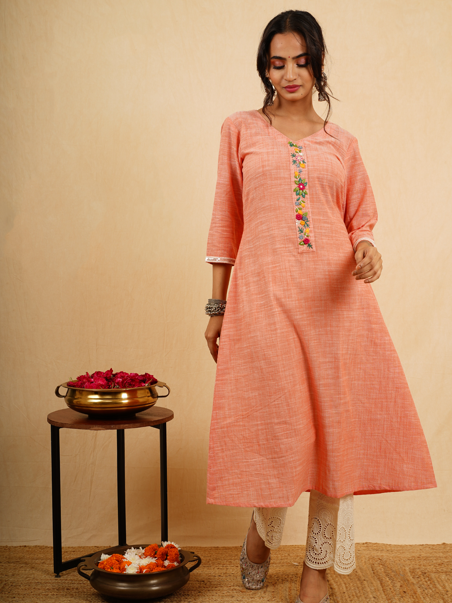 Soft Orange Pink Slub Cotton A-Line Kurta Pant Set Hand Embroidered