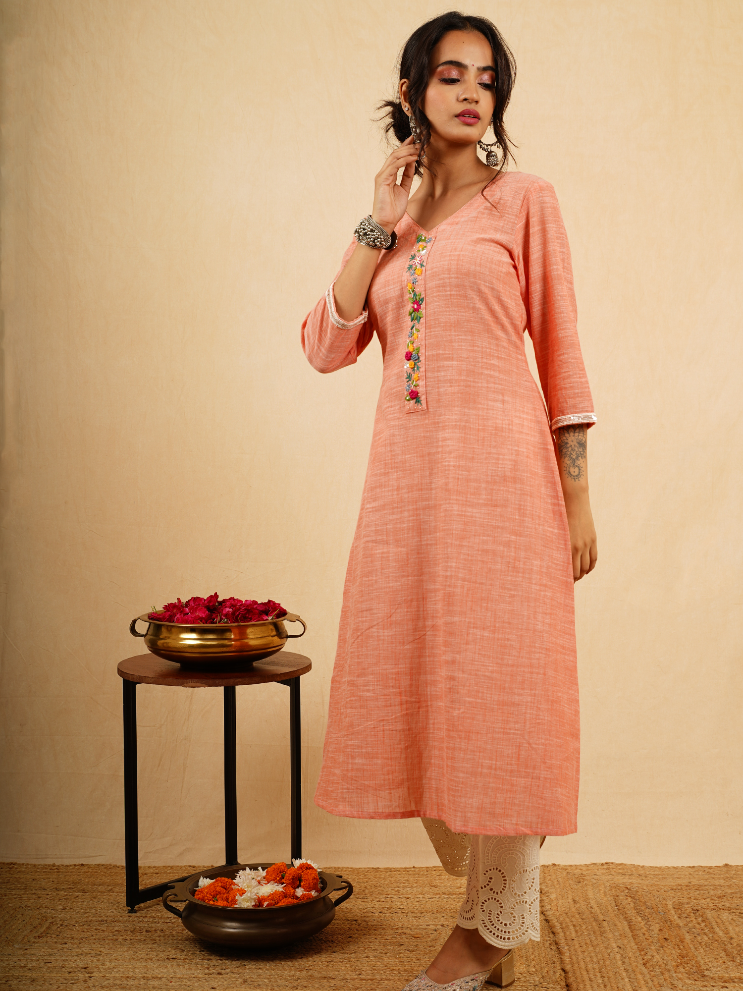 Soft Orange Pink Slub Cotton A-Line Kurta Pant Set Hand Embroidered