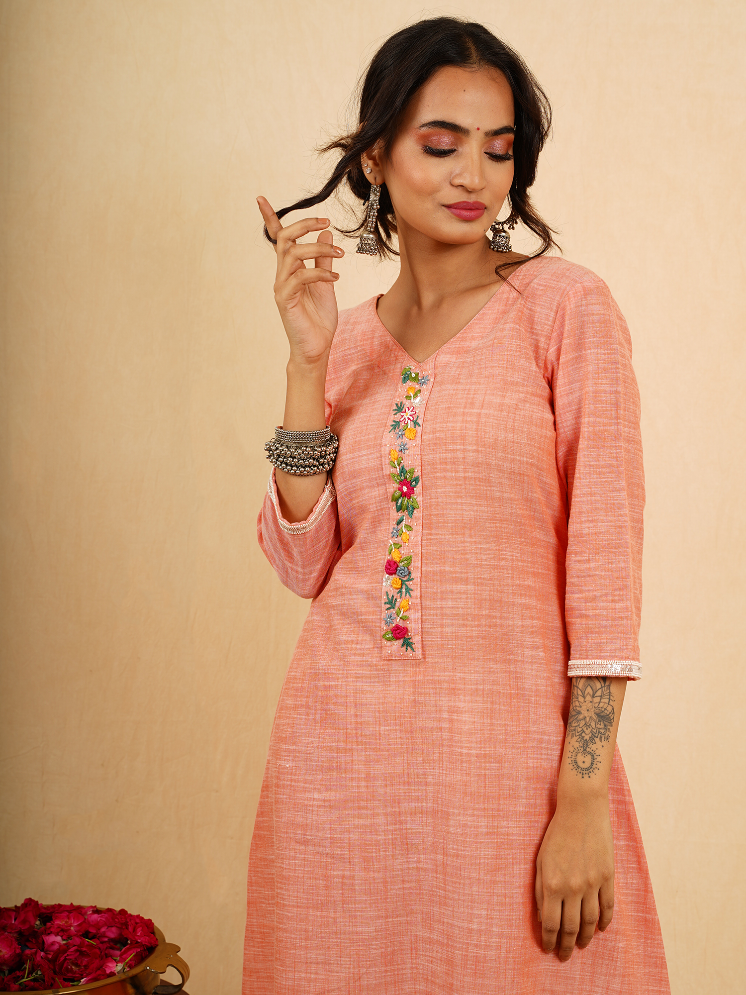 Soft Orange Pink Slub Cotton A-Line Kurta Pant Set Hand Embroidered