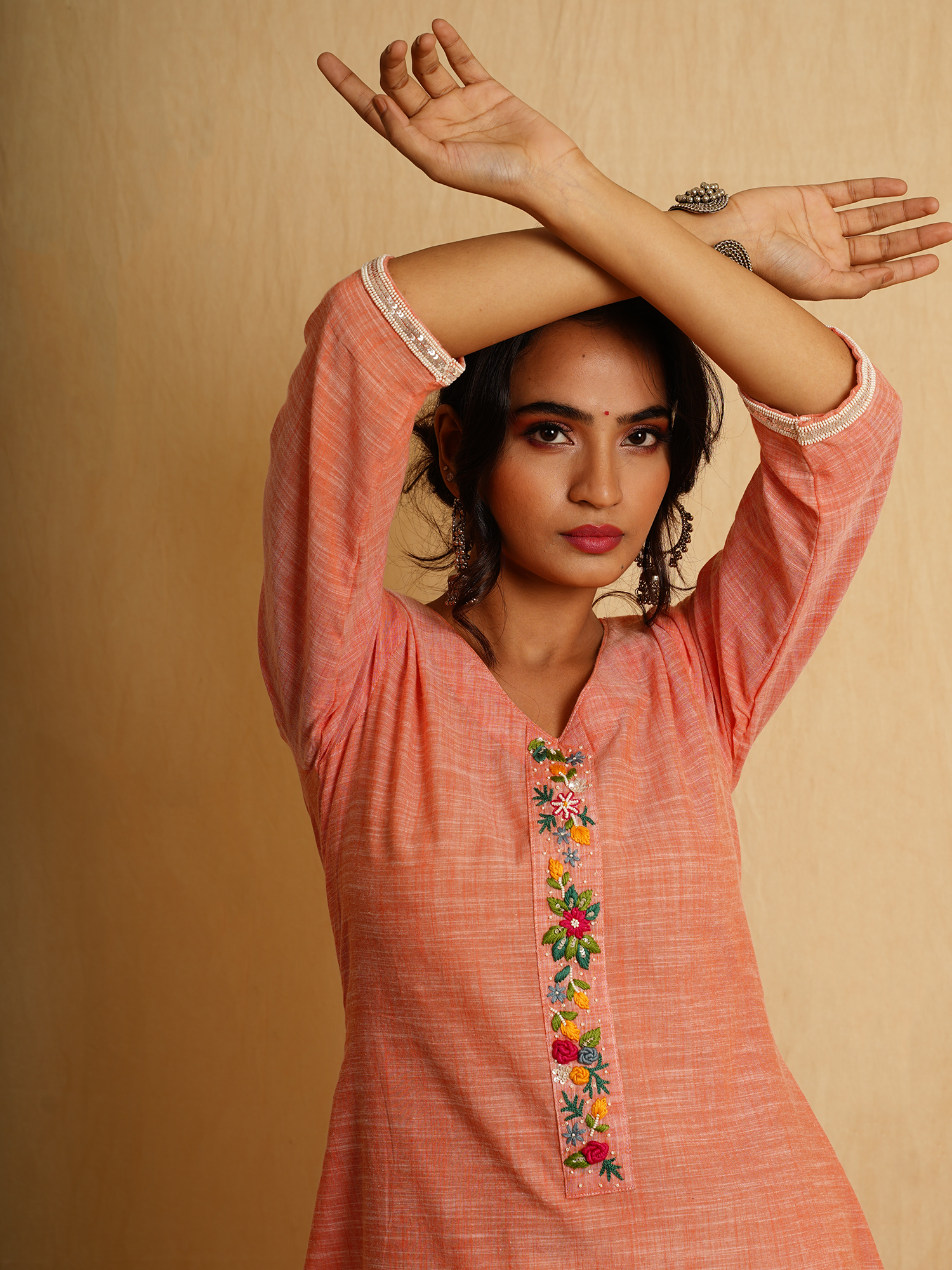 Soft Orange Pink Slub Cotton A-Line Kurta Pant Set Hand Embroidered