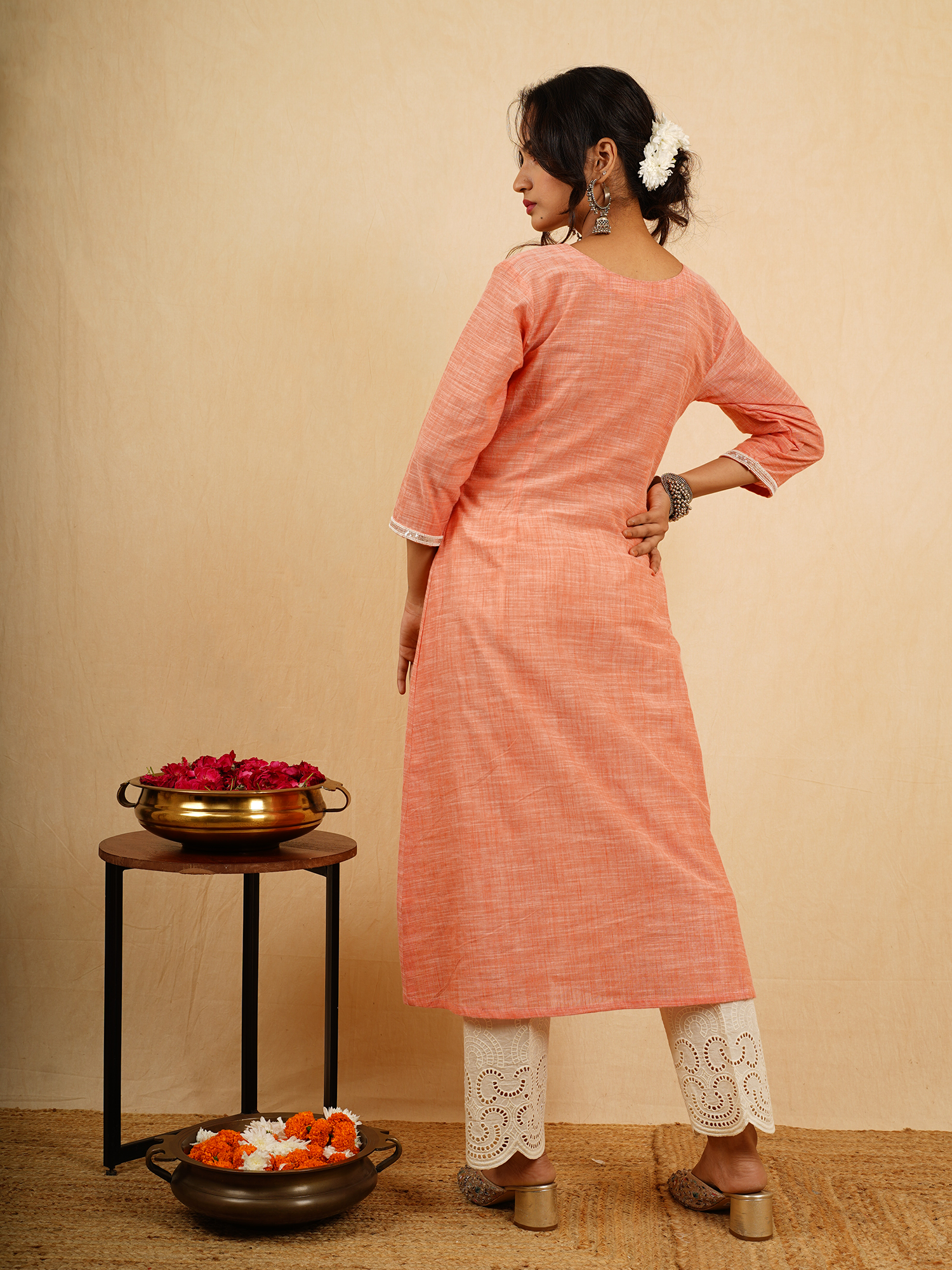 Soft Orange Pink Slub Cotton A-Line Kurta Pant Set Hand Embroidered