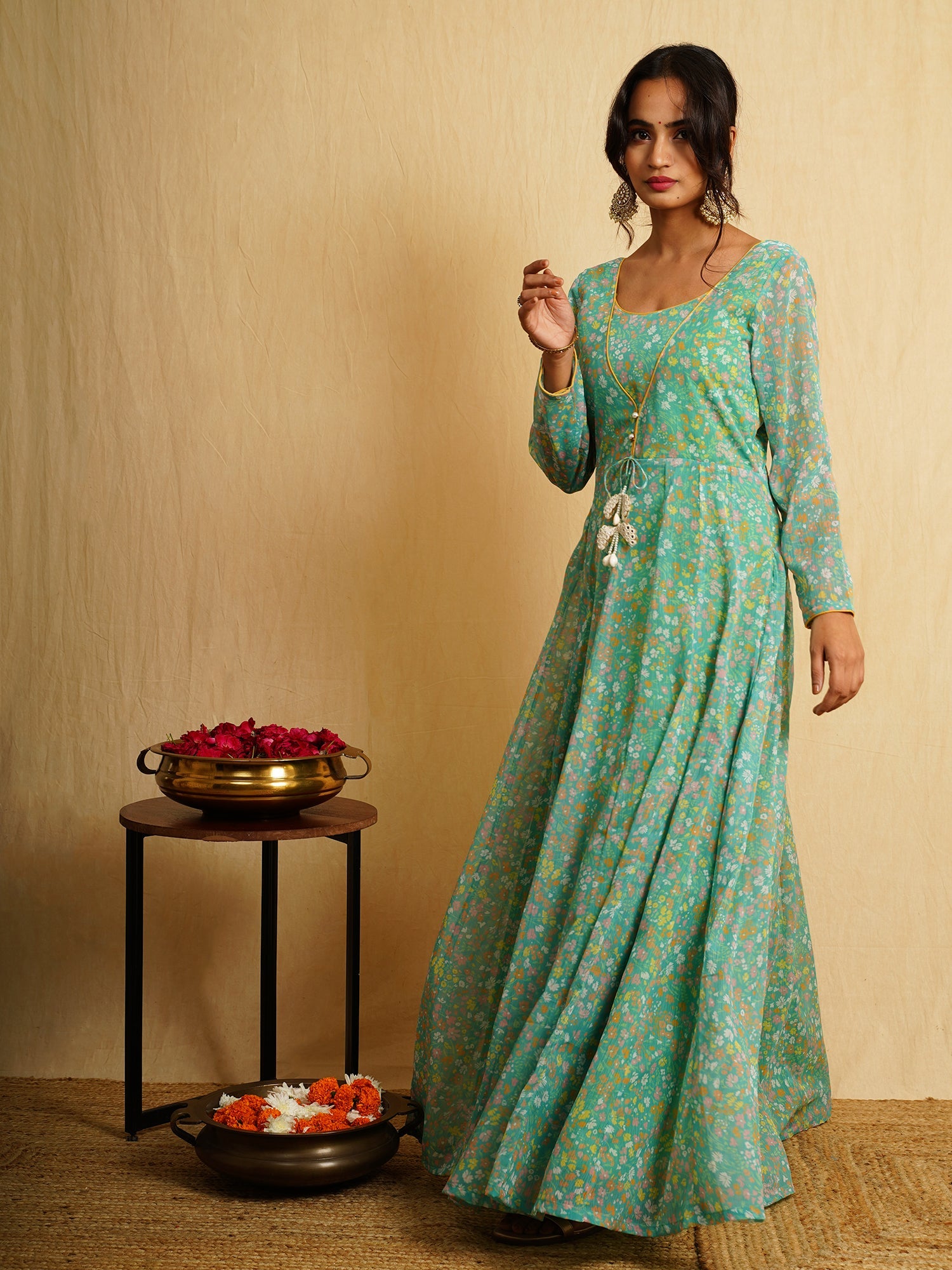 Beautiful Green Georgette Floral Print Anarkali Dress
