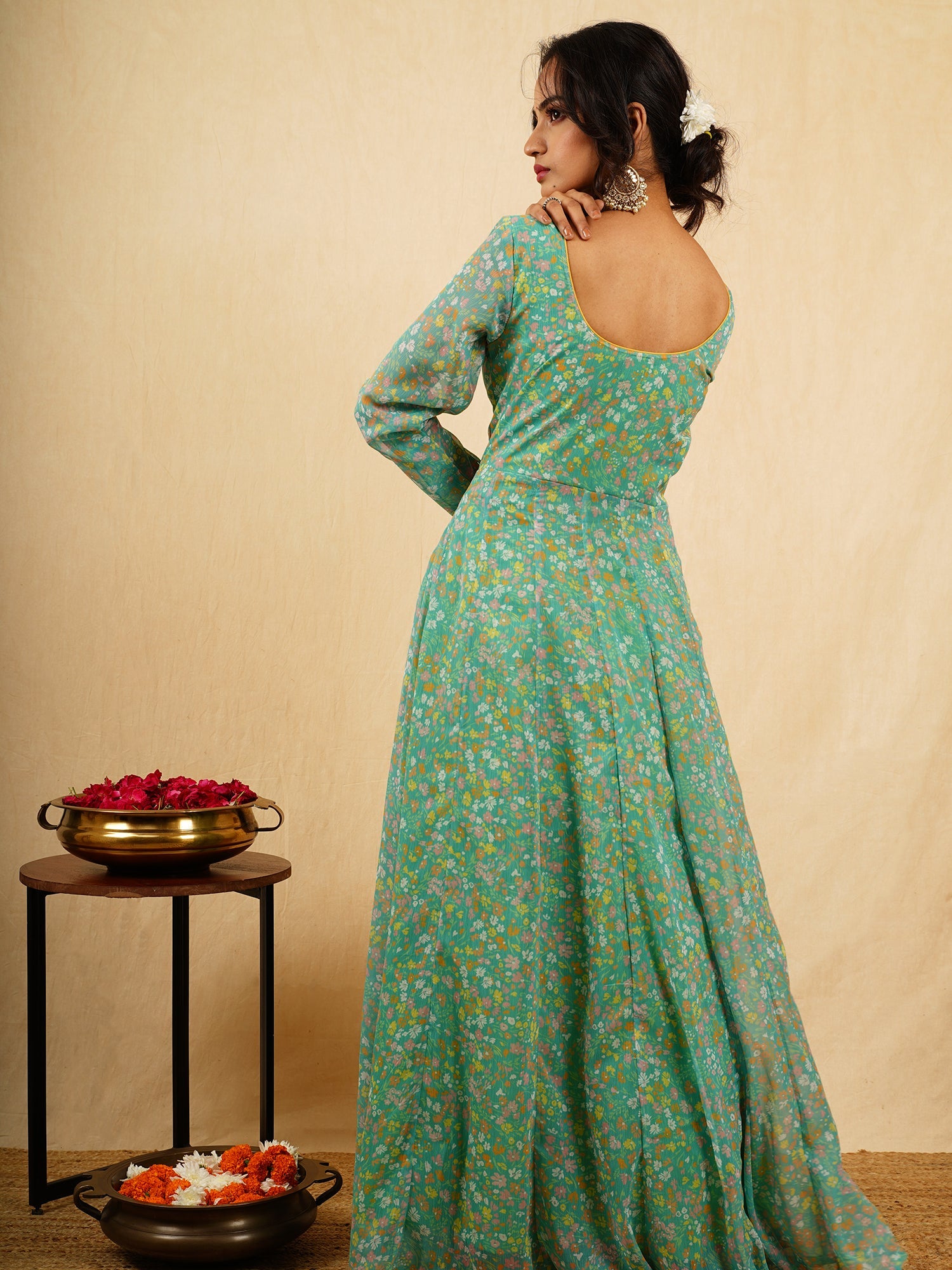 Beautiful Green Georgette Floral Print Anarkali Dress