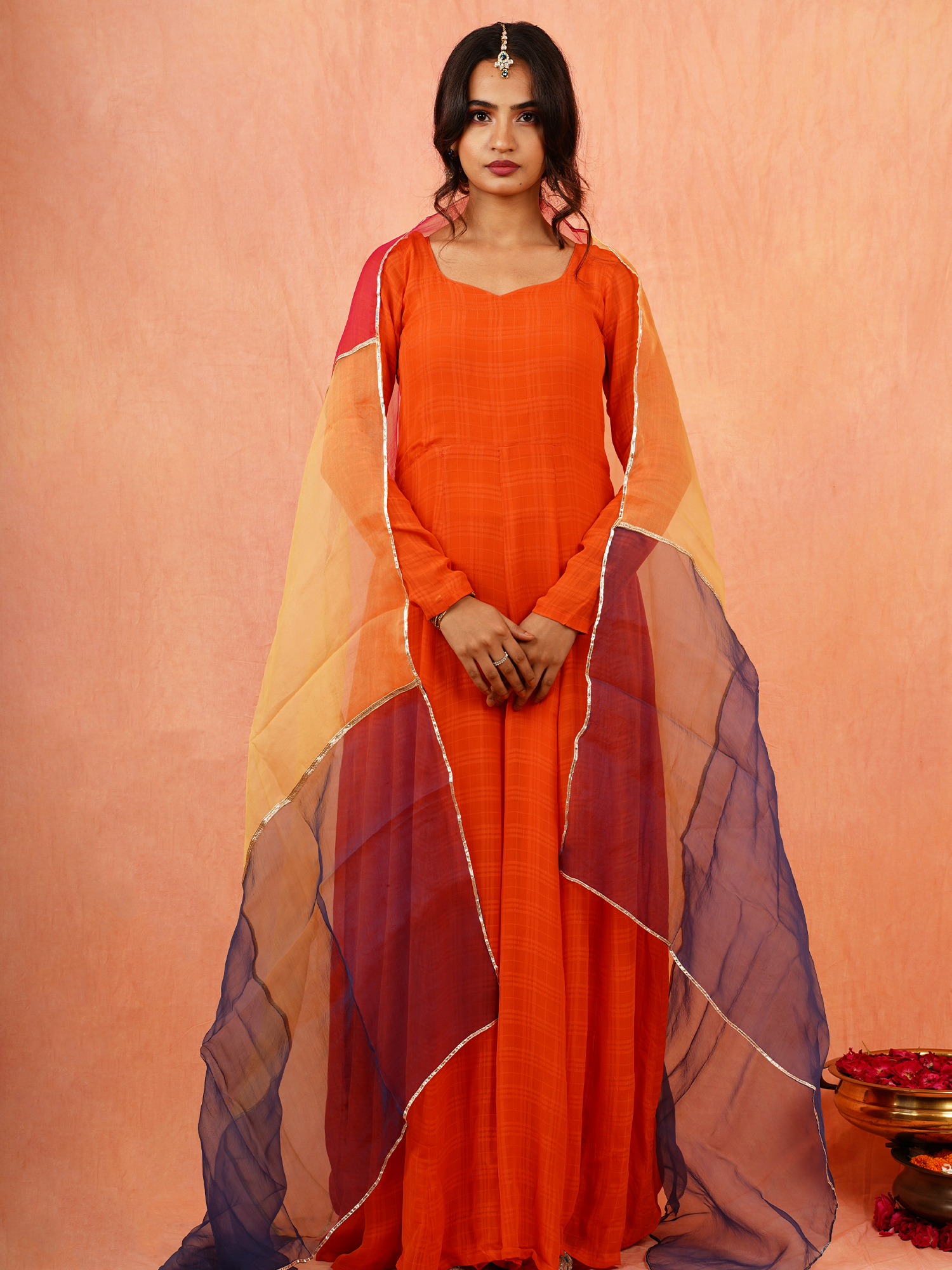 Bright Orange Georgette Anarkali Dress Multicolor Organza Dupatta