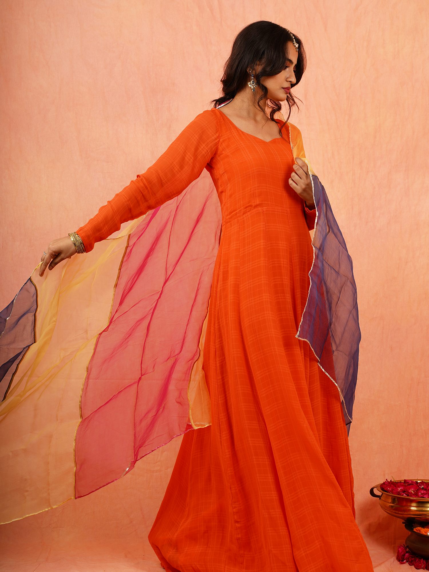 Bright Orange Georgette Anarkali Dress Multicolor Organza Dupatta
