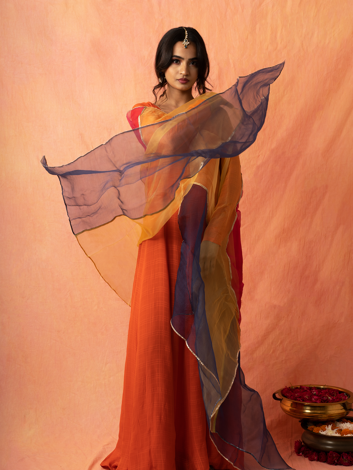 Bright Orange Georgette Anarkali Dress Multicolor Organza Dupatta