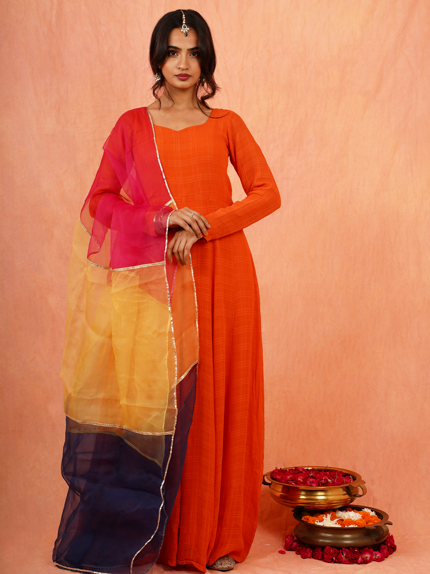 Bright Orange Georgette Anarkali Dress Multicolor Organza Dupatta