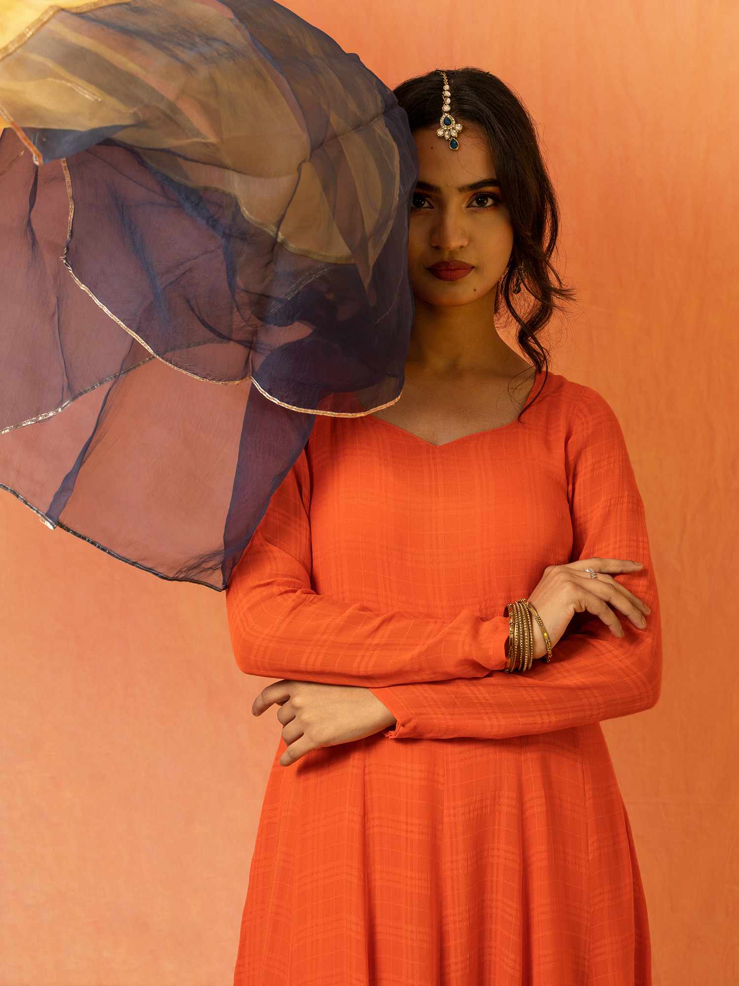 Bright Orange Georgette Anarkali Dress Multicolor Organza Dupatta