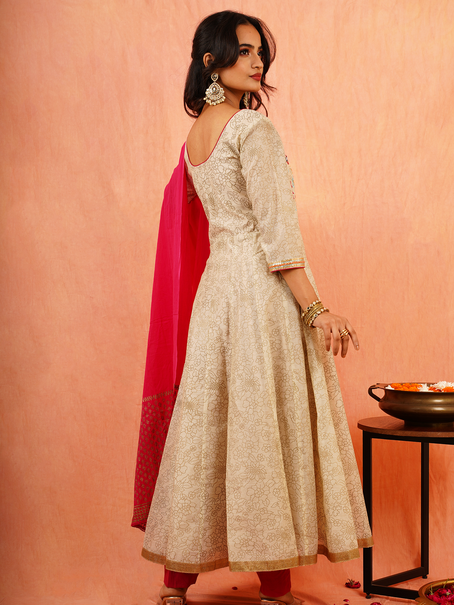 Festive Beige Rani Pink Chandheri Cotton Hand Embroidered Anarkali Set