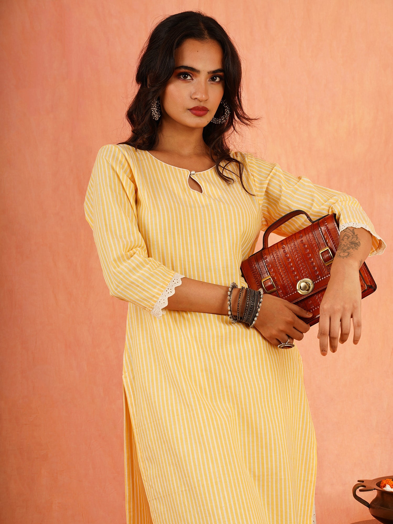 Sunshine Yellow White Cotton Striped Kurta Shiffli Pant Set - Suryamukhi