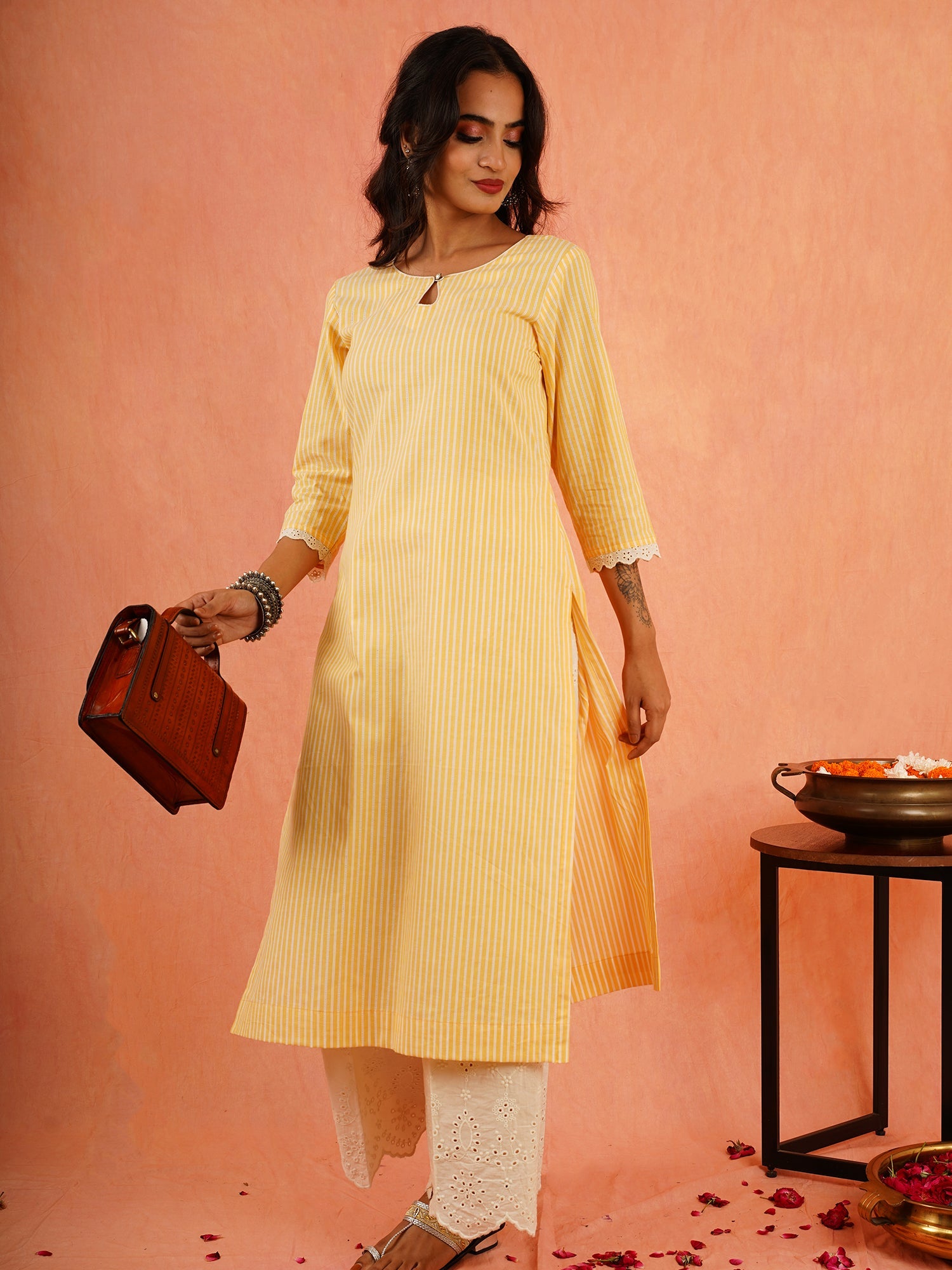 Sunshine Yellow White Cotton Striped Kurta Shiffli Pant Set - Suryamukhi