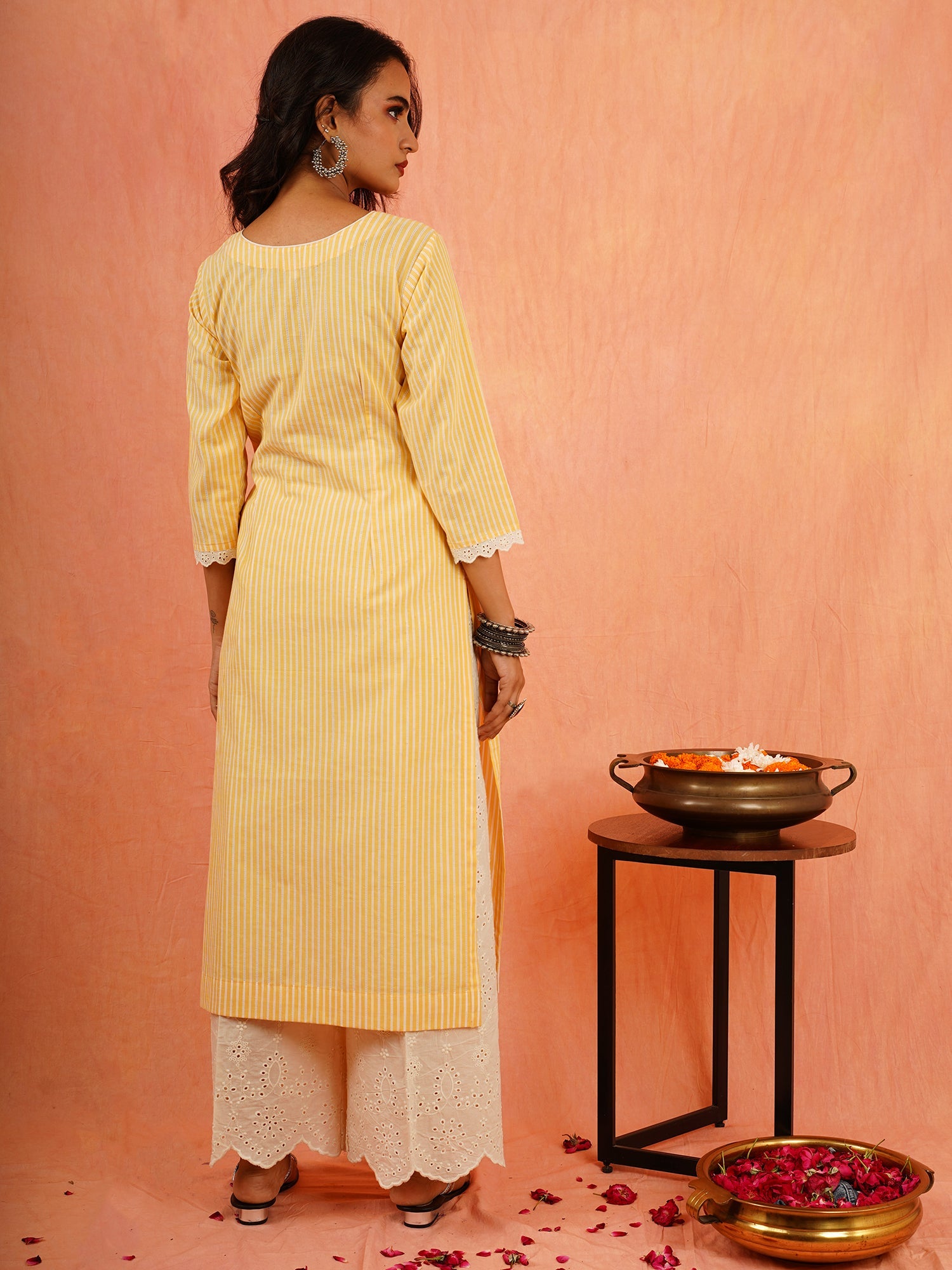 Sunshine Yellow White Cotton Striped Kurta Shiffli Pant Set - Suryamukhi