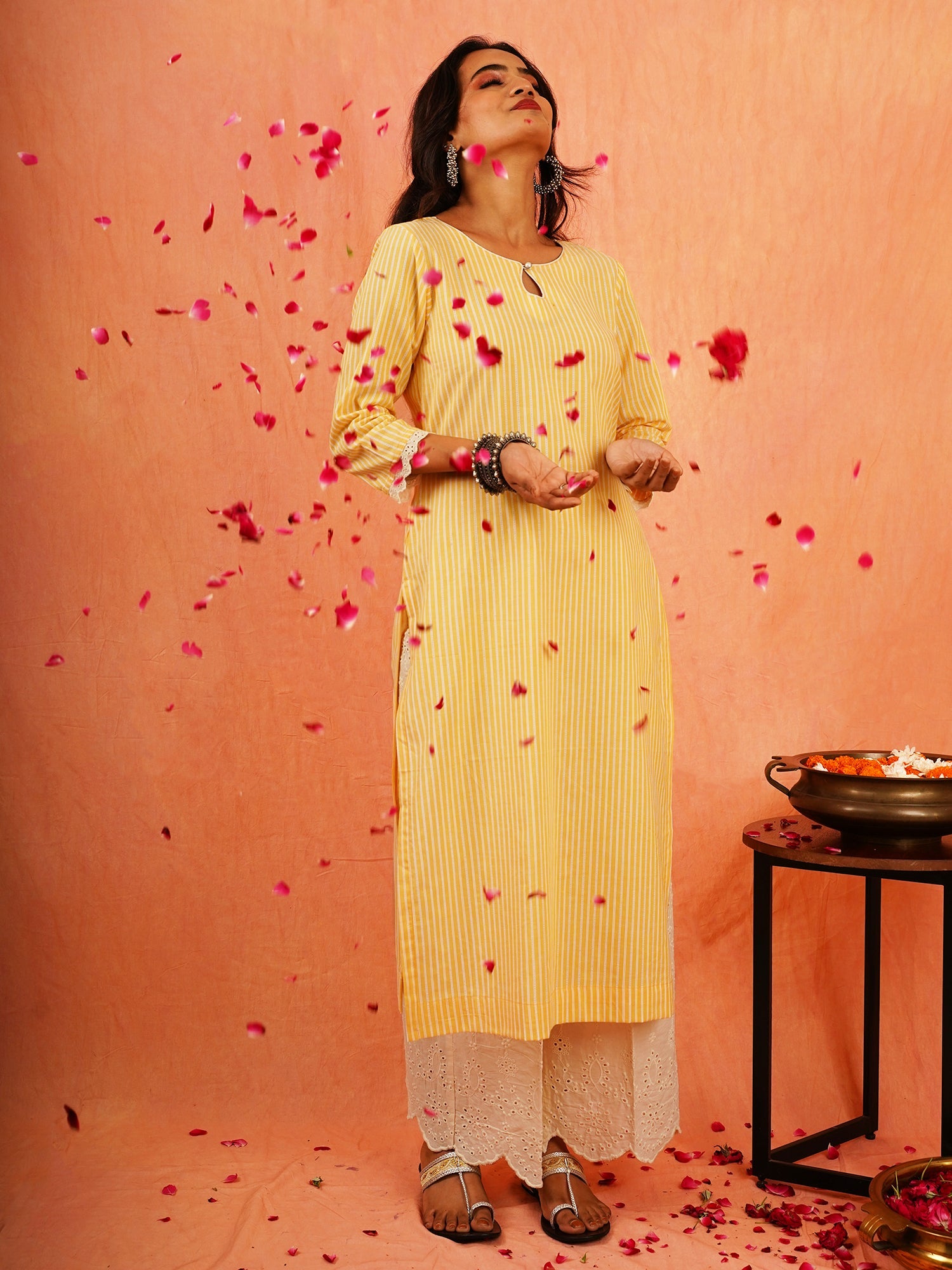 Sunshine Yellow White Cotton Striped Kurta Shiffli Pant Set - Suryamukhi