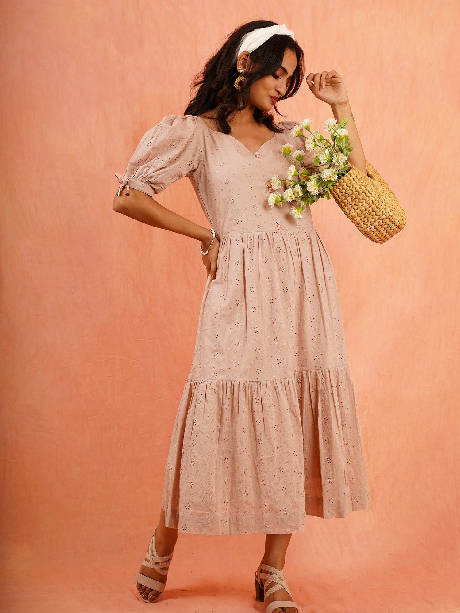 Pretty Dusty Pink Shiffli Cotton Puff Sleeve Dress - Camellia