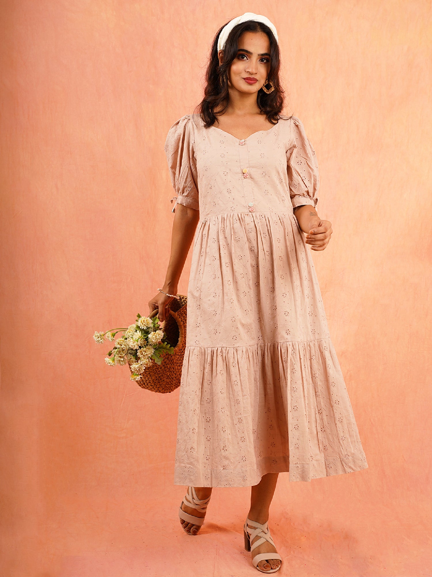 Pretty Dusty Pink Shiffli Cotton Puff Sleeve Dress - Camellia