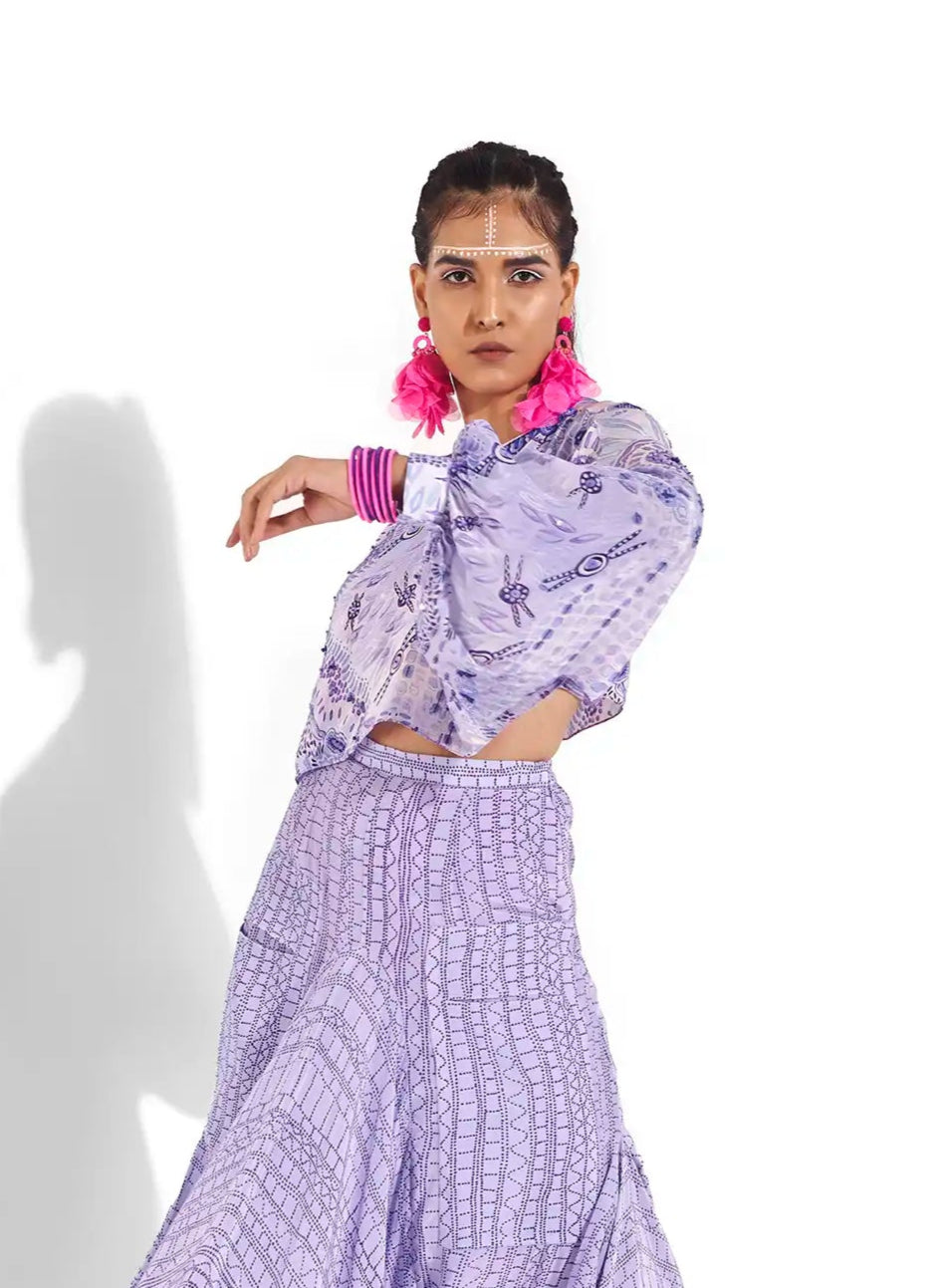 Elevate Purple Electric Crepe Azara Trapeze Crop Top Sequins Beads